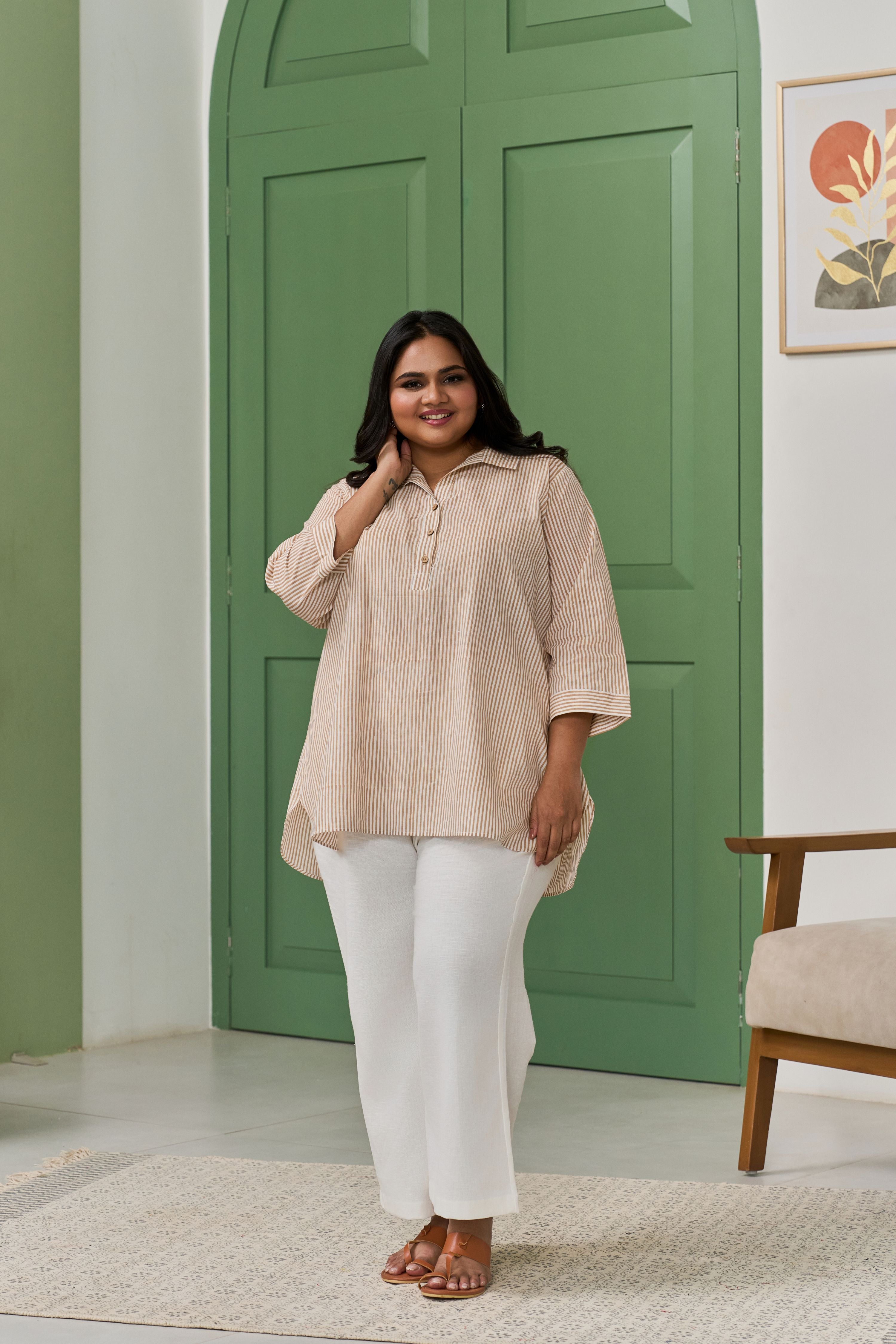 Women's Brown Striped Hand Block Printed Top With Placket - Nangalia Ruchira