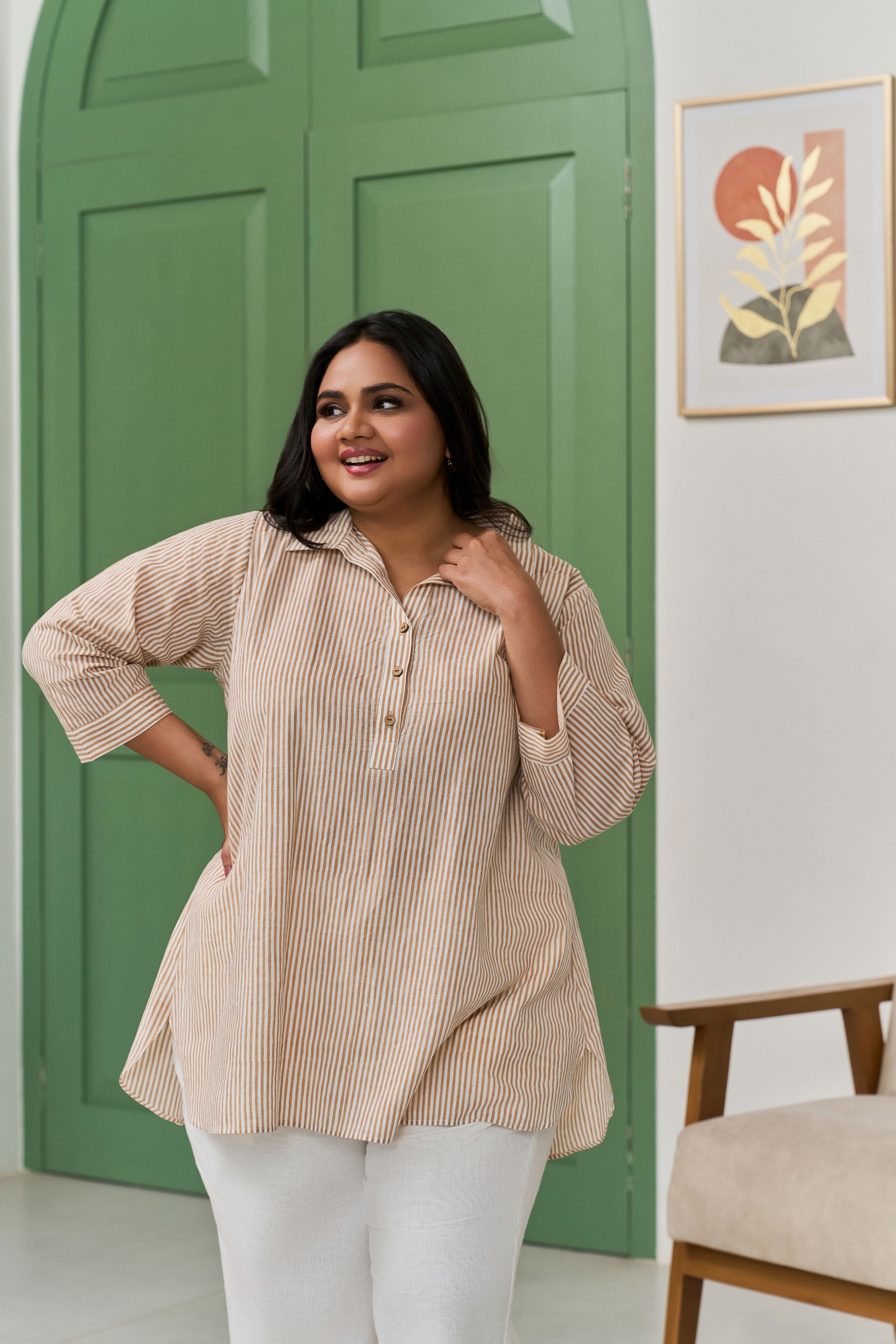 Women's Brown Striped Hand Block Printed Top With Placket - Nangalia Ruchira