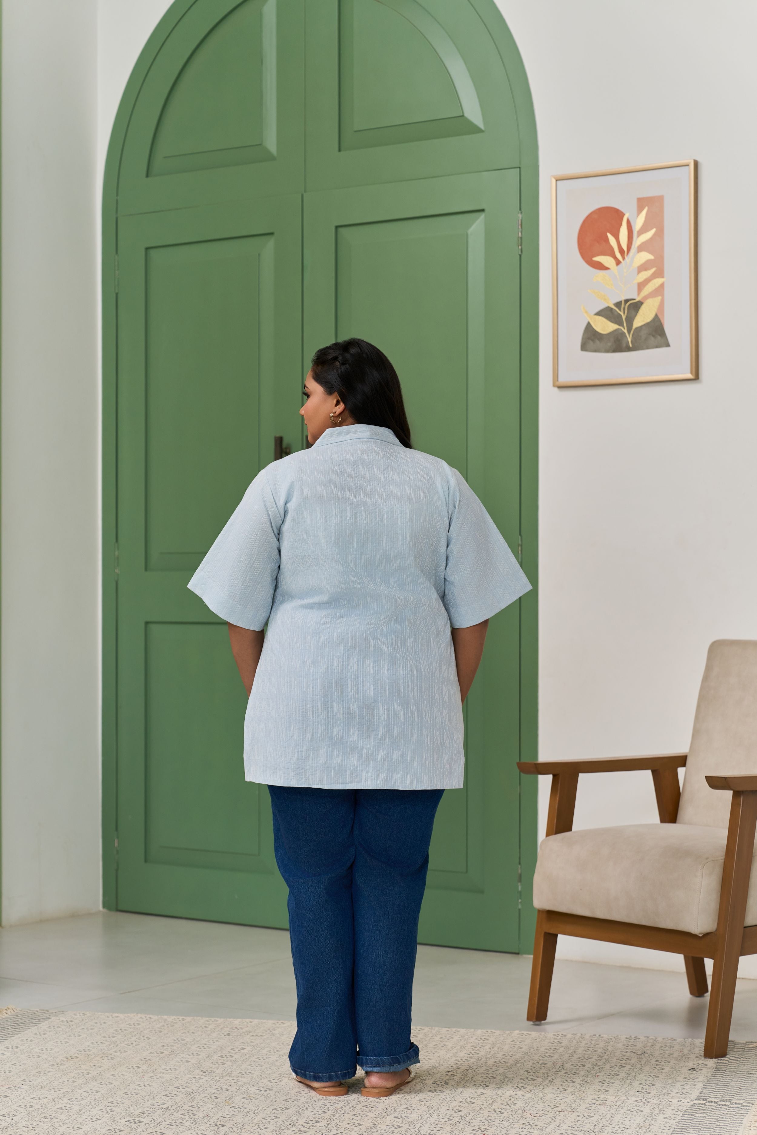 Women's Powder Blue Handwoven Self Detailing Lapel Collar Kantha Jacket - Nangalia Ruchira