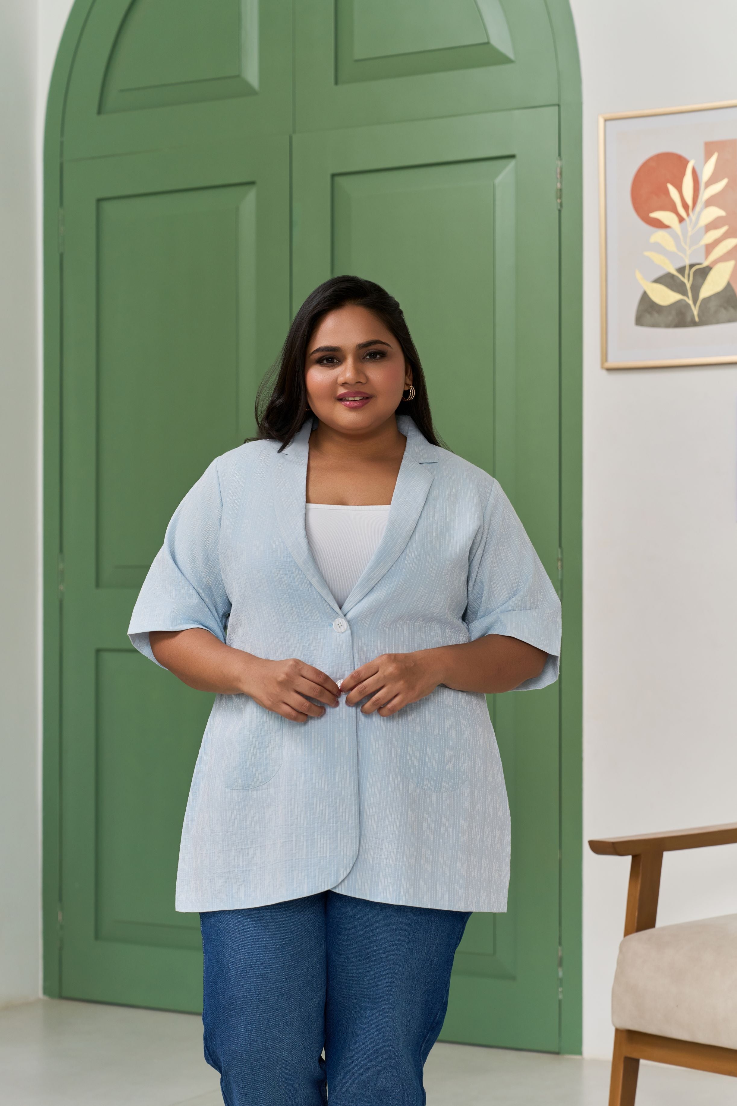 Women's Powder Blue Handwoven Self Detailing Lapel Collar Kantha Jacket - Nangalia Ruchira