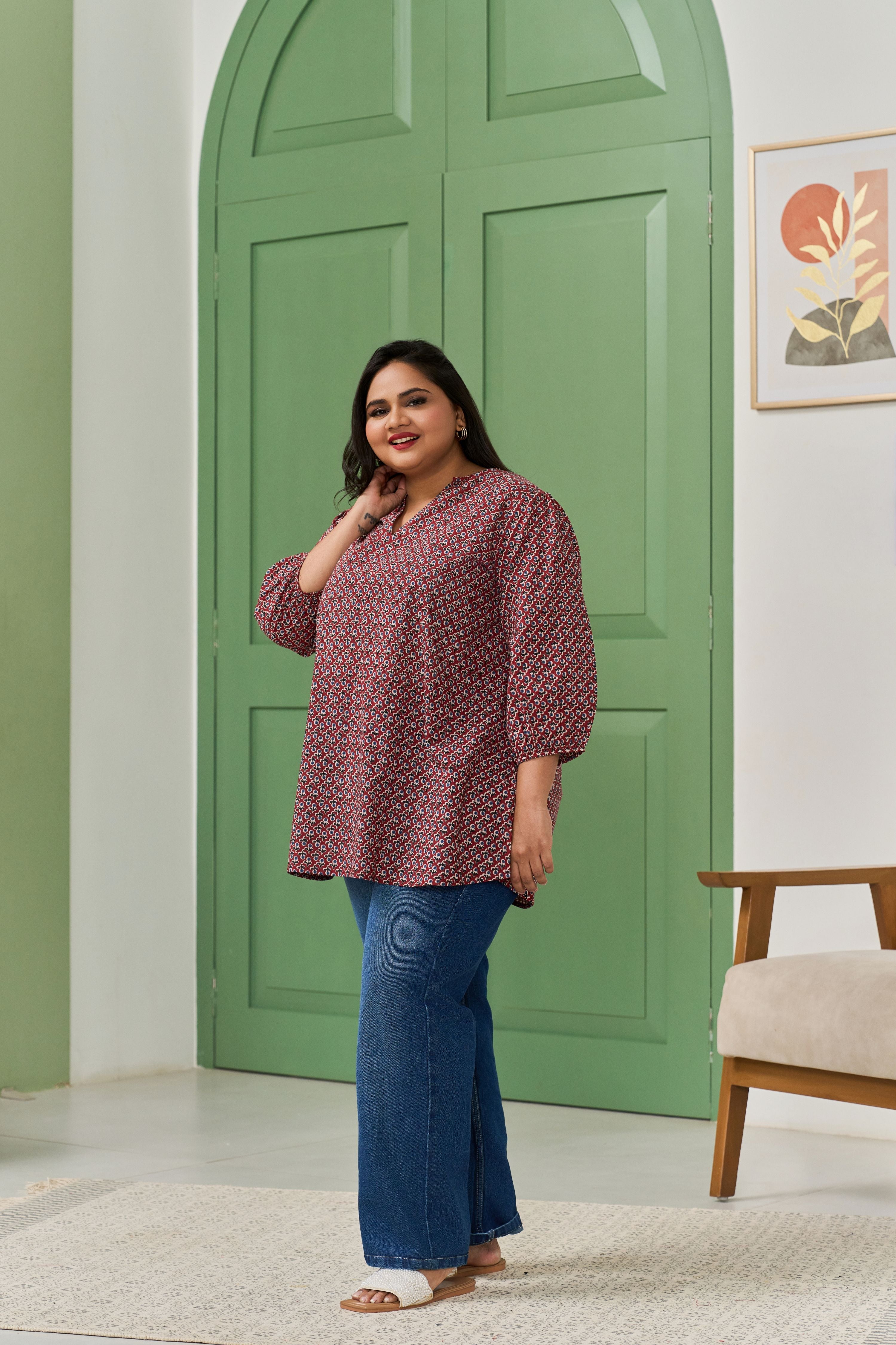 Women's Traditional Booti Print Top With Modern Charm - Nangalia Ruchira