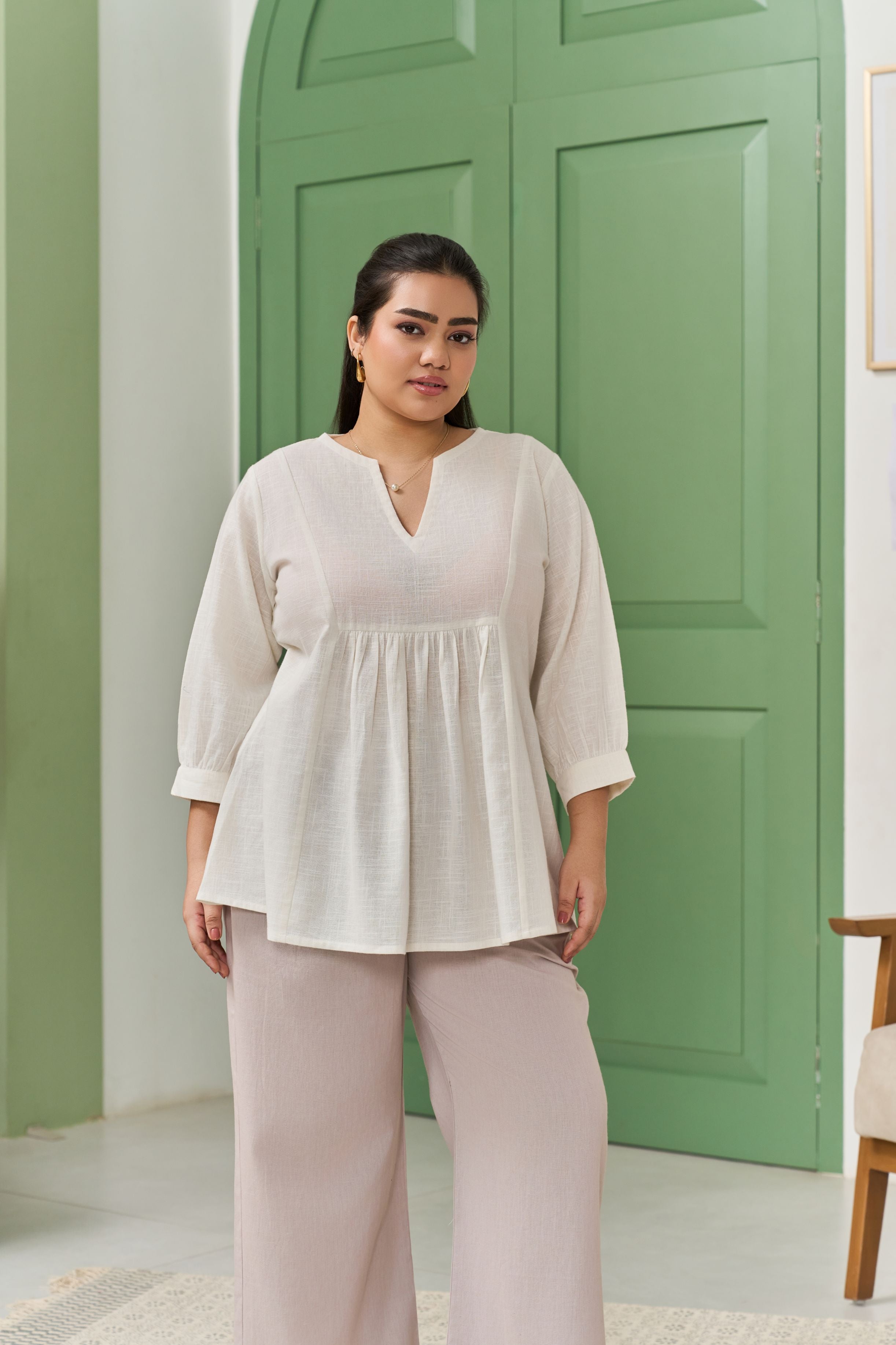 Women's Elegant White Cotton Slub Peplum Top - Nangalia Ruchira