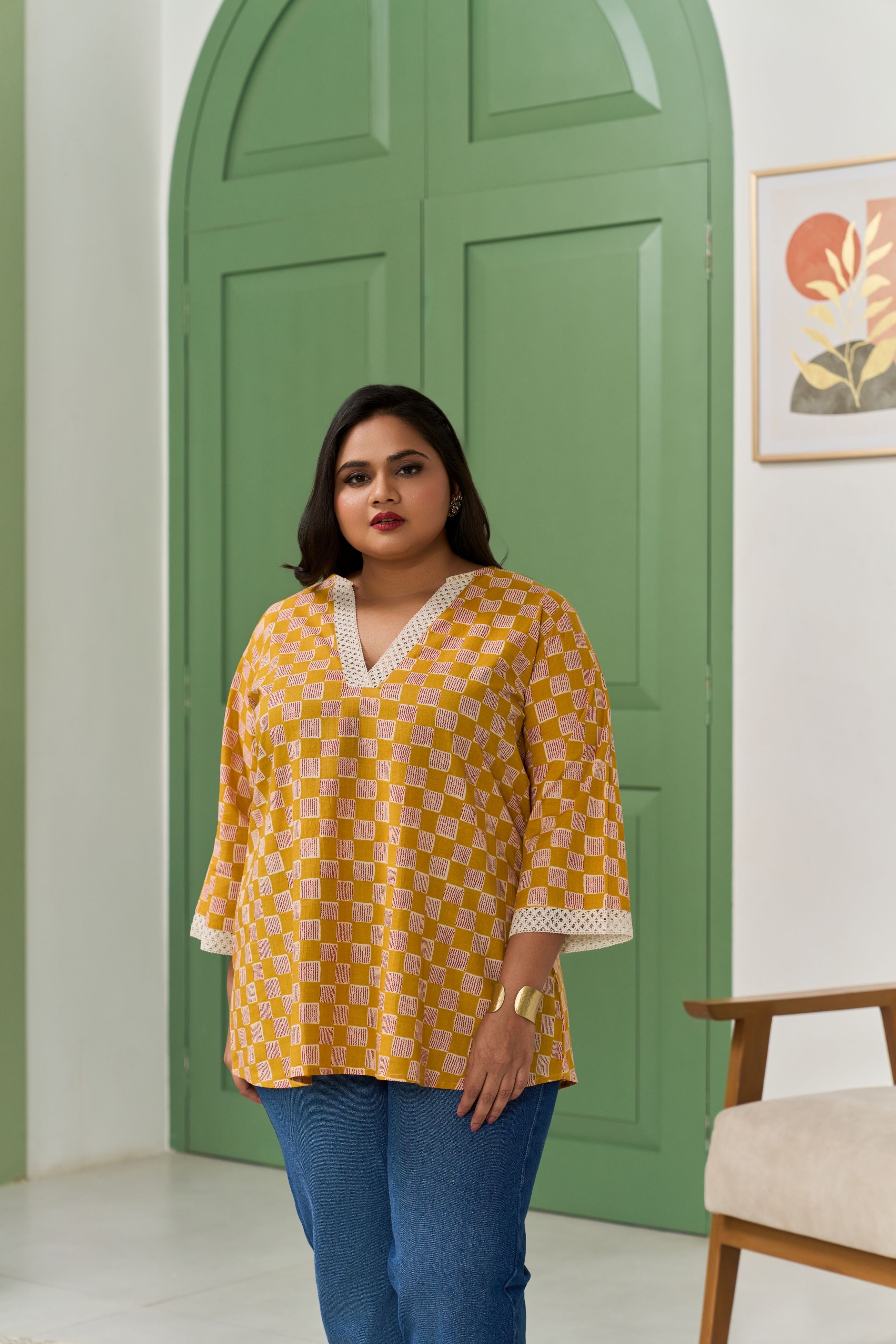 Women's Mustard Crochet Lace  Detailed Elegant Top - Nangalia Ruchira