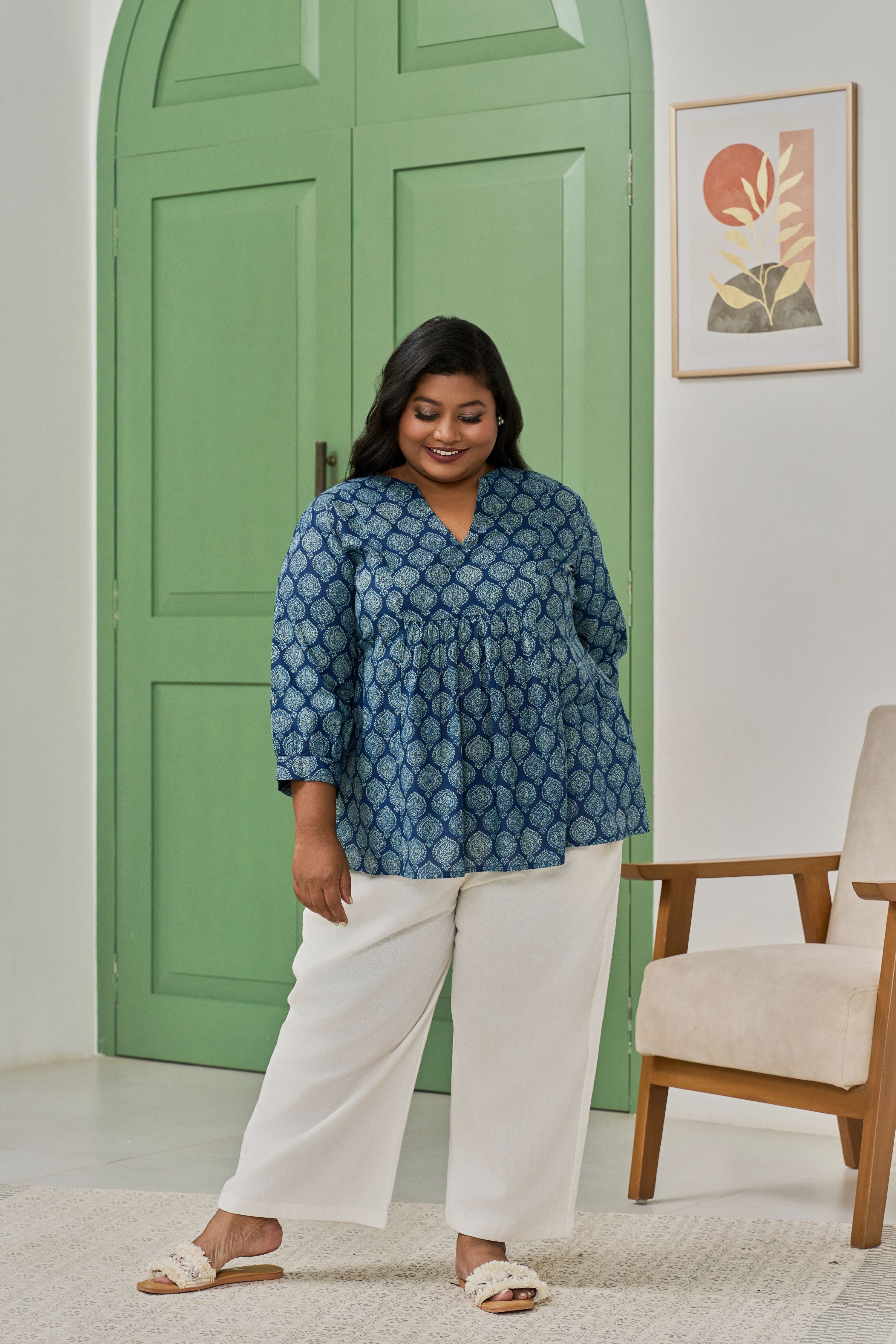 Women's Indigo Blue Boota Print Cotton Peplum Top - Nangalia Ruchira