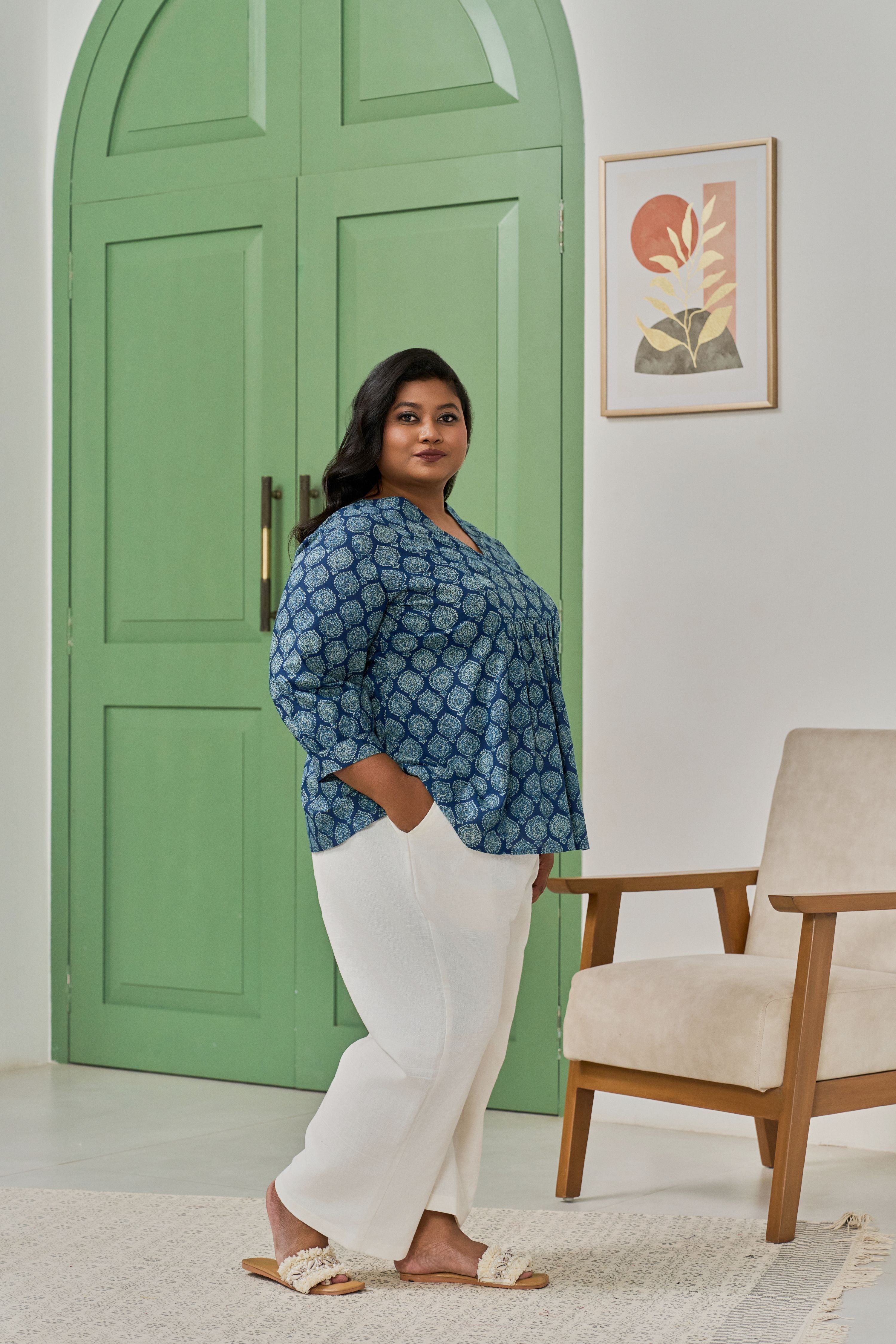 Women's Indigo Blue Boota Print Cotton Peplum Top - Nangalia Ruchira