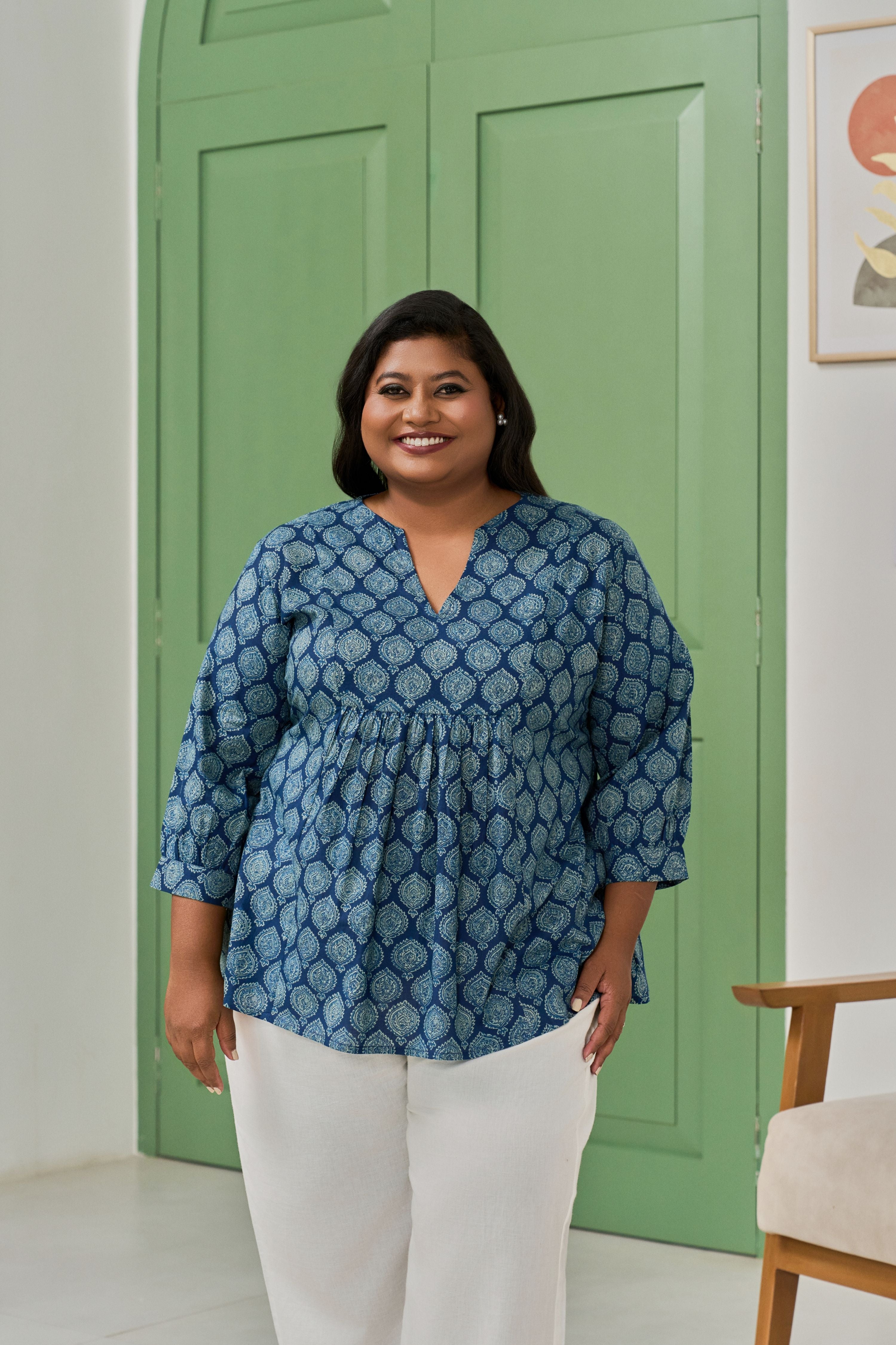 Women's Indigo Blue Boota Print Cotton Peplum Top - Nangalia Ruchira