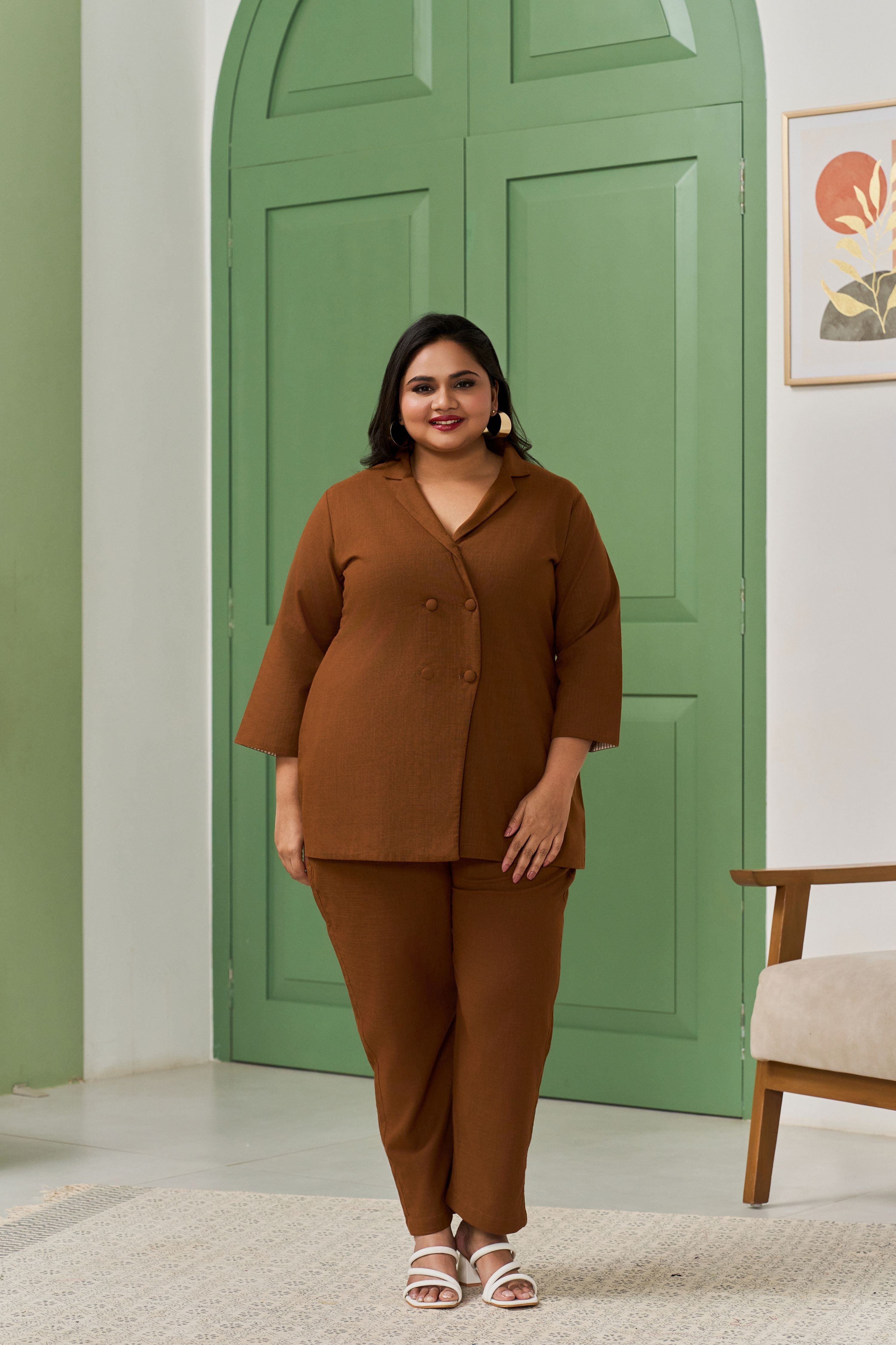 Women's Mocha Brown Linen Blazer Co-Ord Set - Nangalia Ruchira