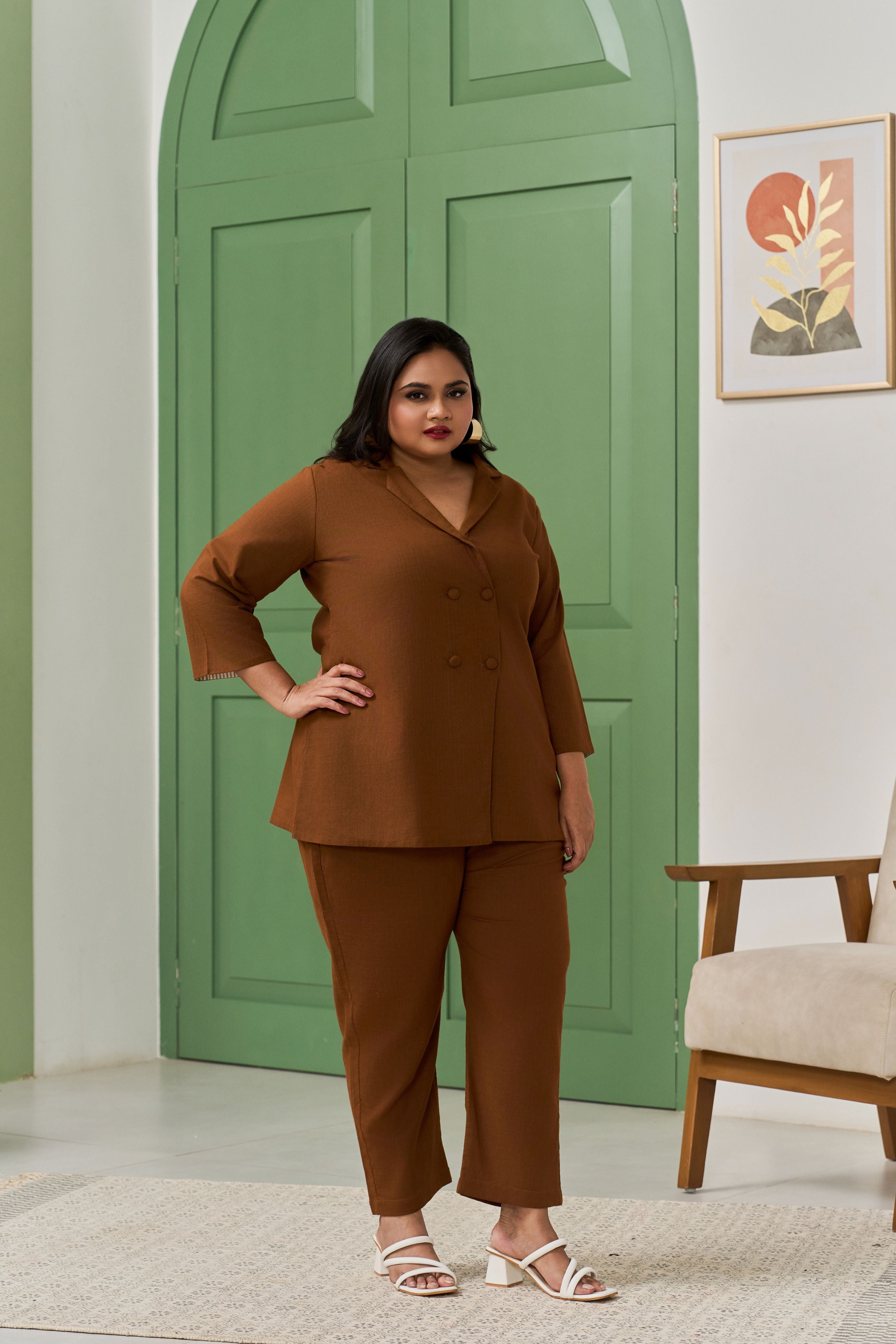 Women's Mocha Brown Linen Blazer Co-Ord Set - Nangalia Ruchira