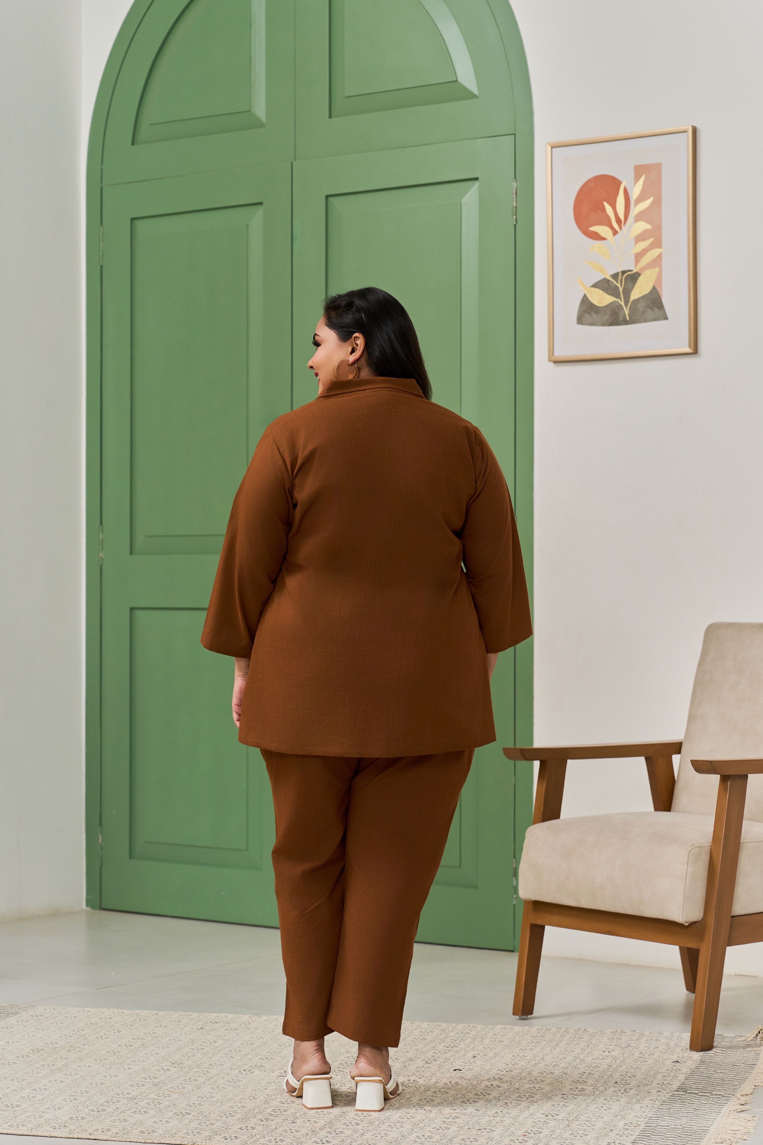 Women's Mocha Brown Linen Blazer Co-Ord Set - Nangalia Ruchira