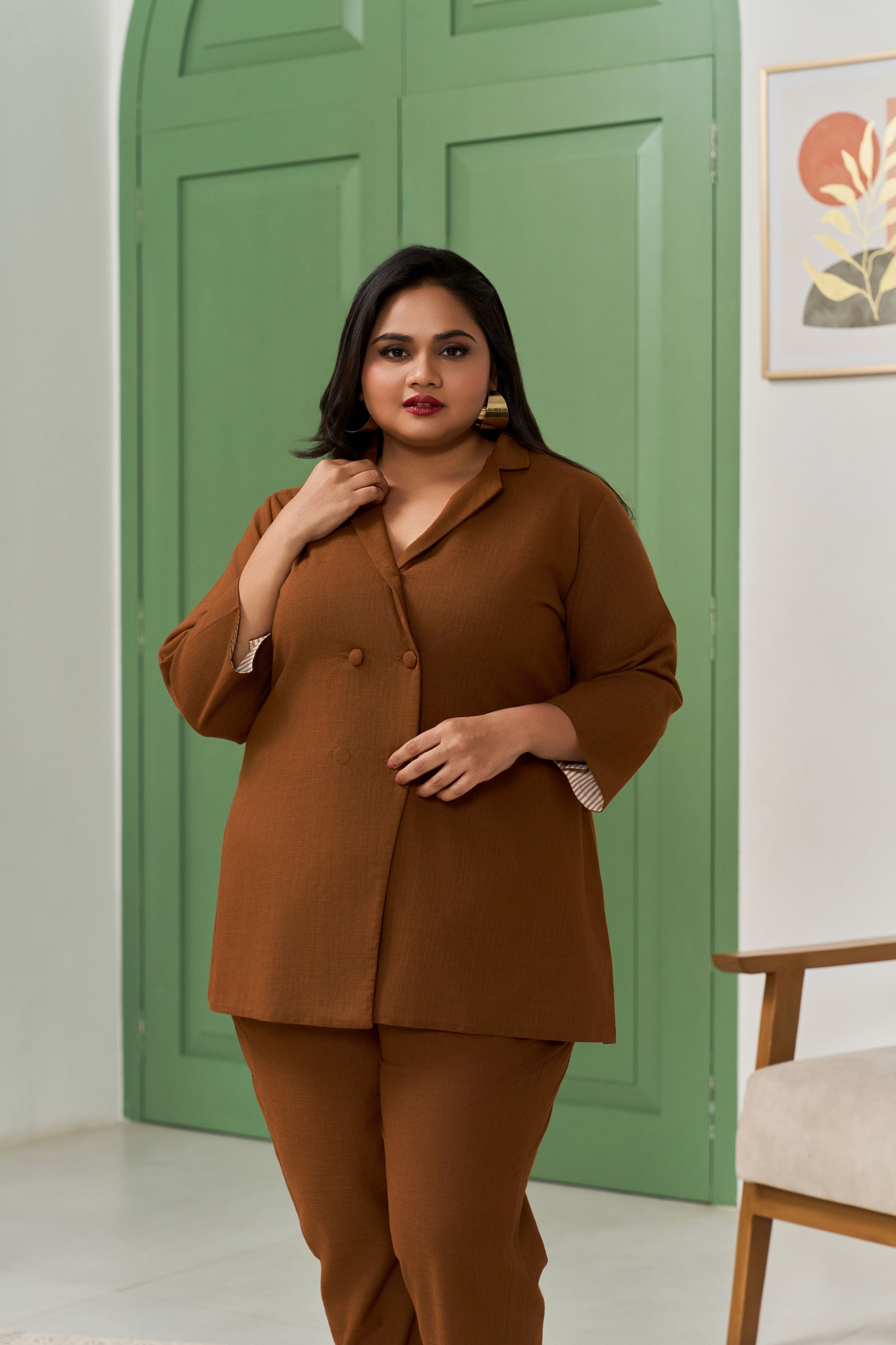 Women's Mocha Brown Linen Blazer Co-Ord Set - Nangalia Ruchira