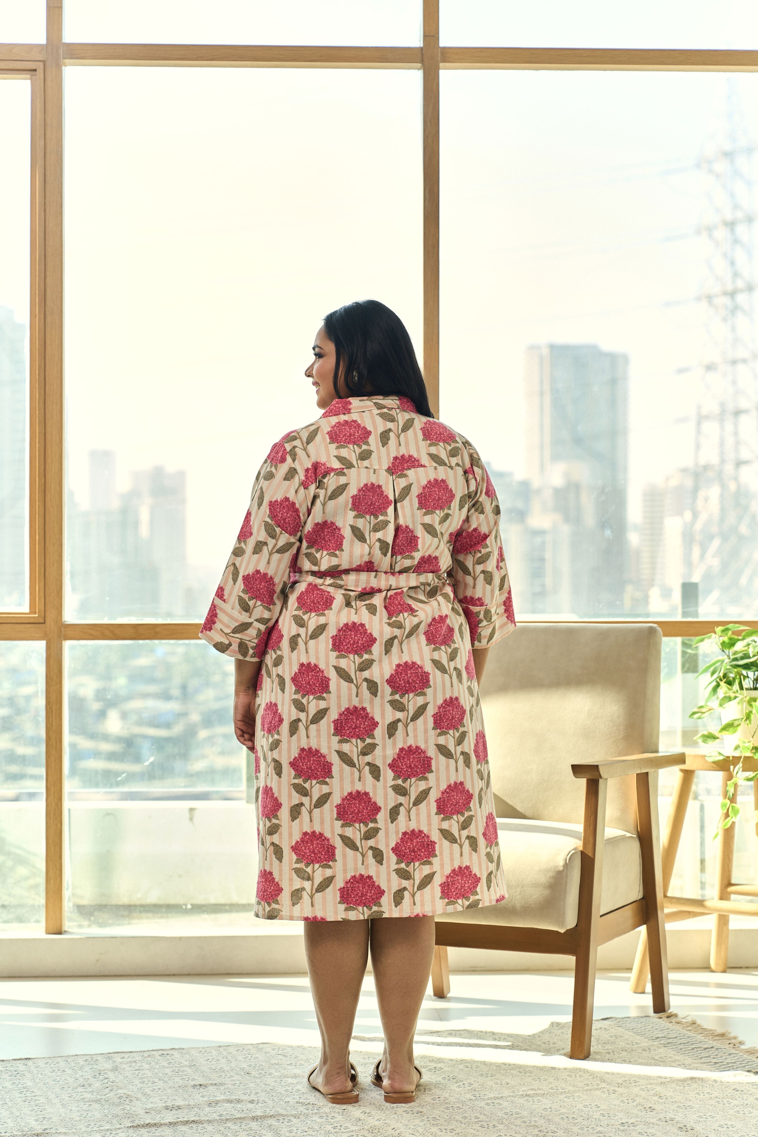 Women's Chic Pink Floral Linen Shirt Dress With Belt “ Elegant & Easy - Nangalia Ruchira