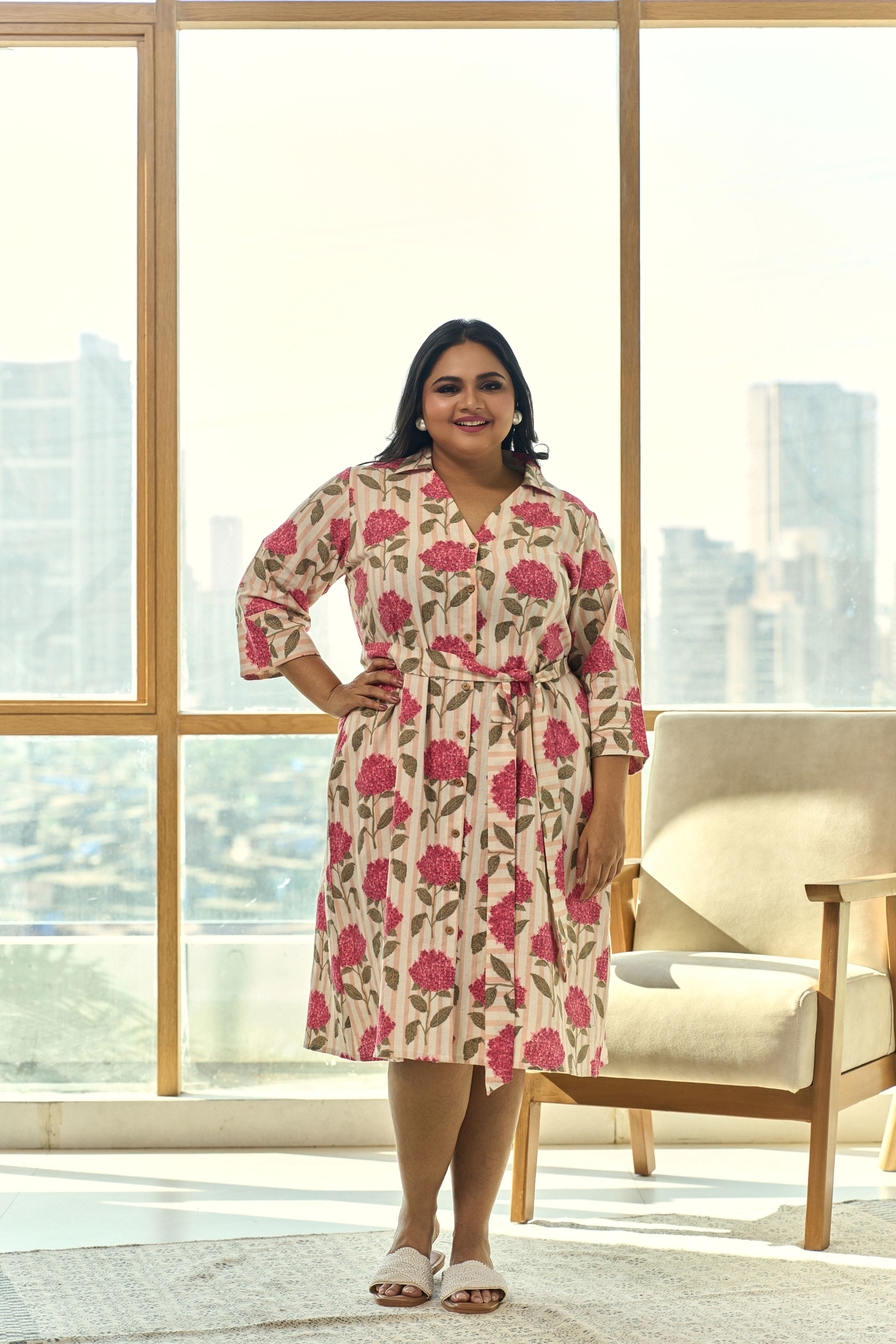 Women's Chic Pink Floral Linen Shirt Dress With Belt “ Elegant & Easy - Nangalia Ruchira