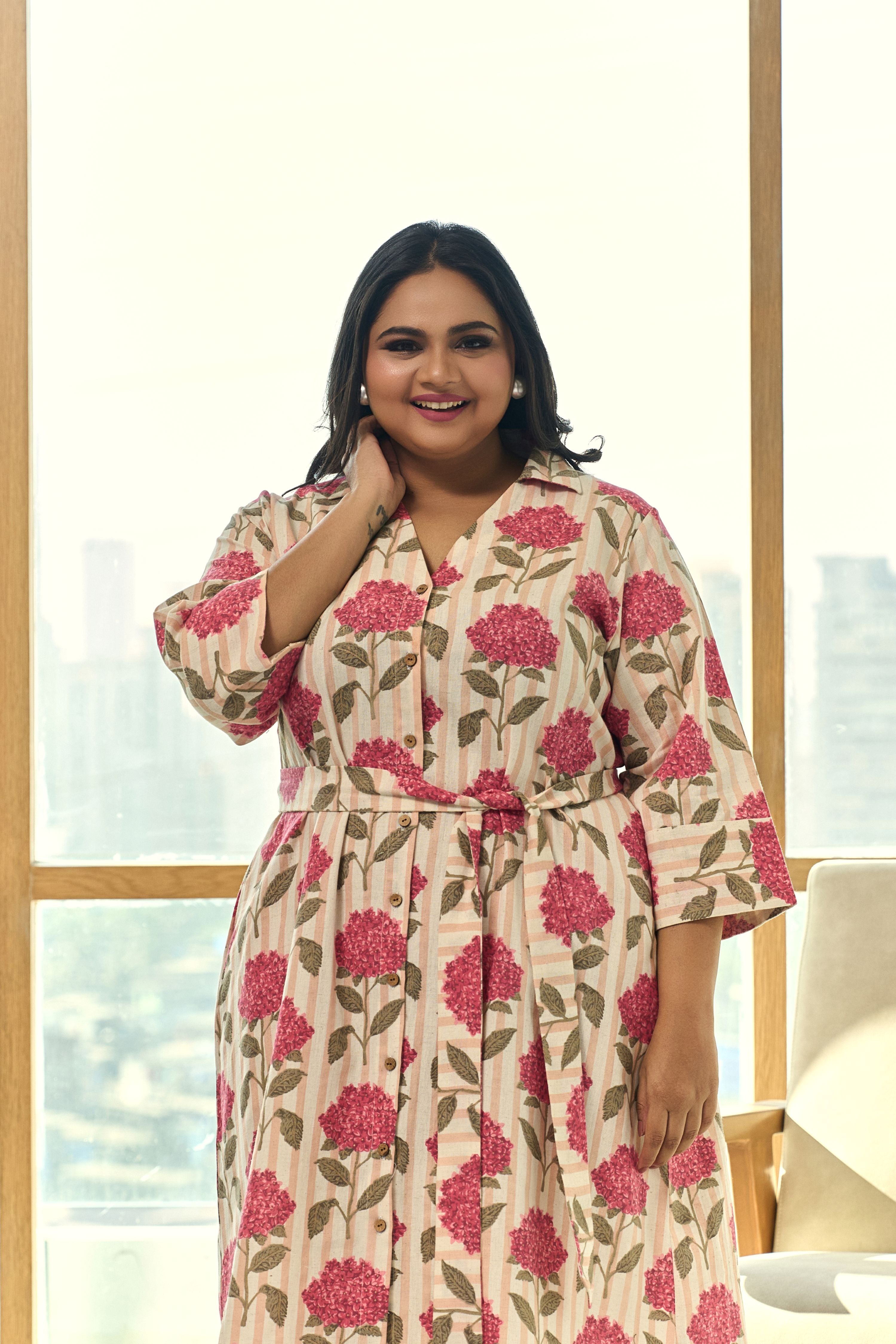 Women's Chic Pink Floral Linen Shirt Dress With Belt “ Elegant & Easy - Nangalia Ruchira