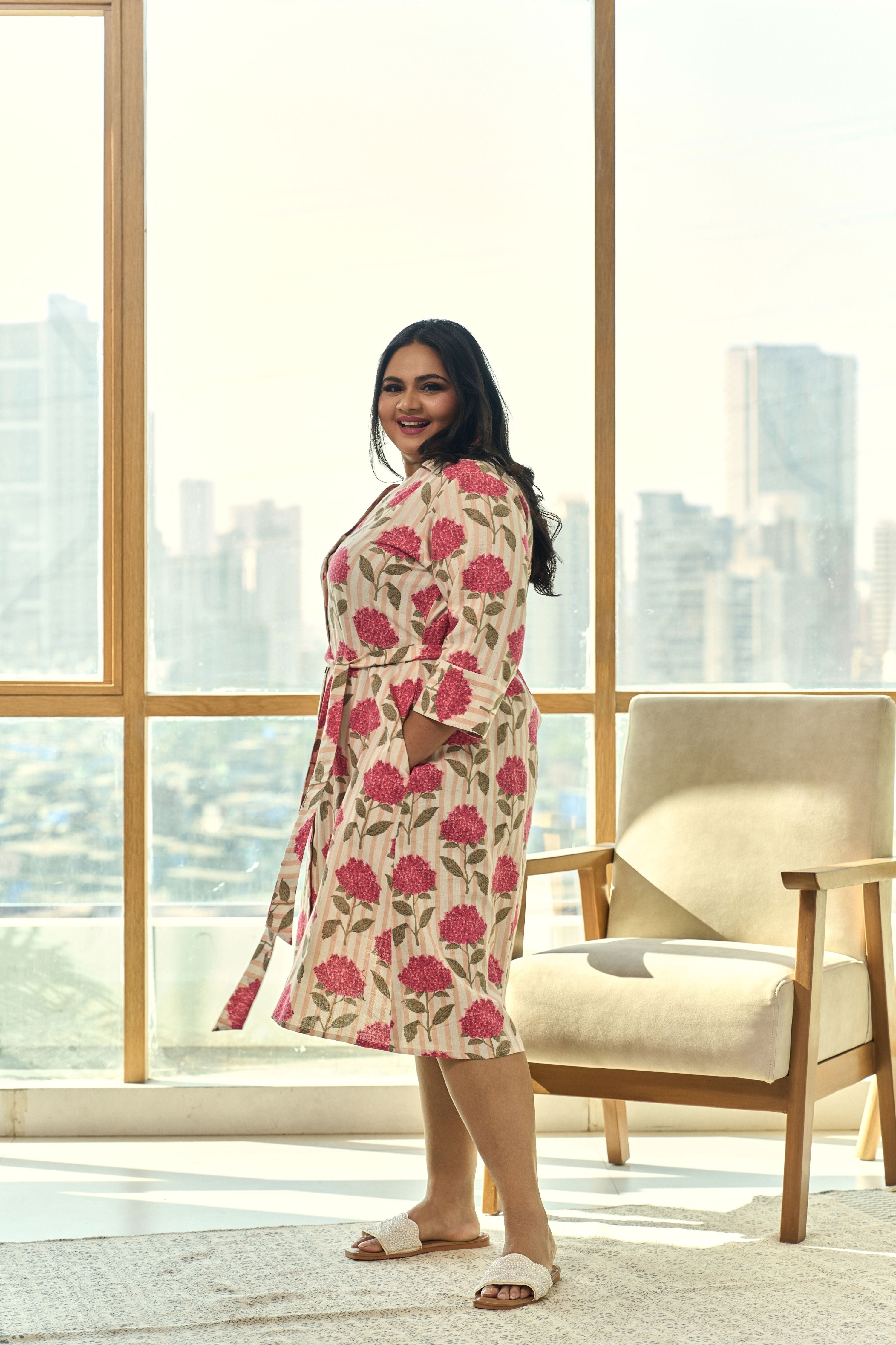 Women's Chic Pink Floral Linen Shirt Dress With Belt “ Elegant & Easy - Nangalia Ruchira