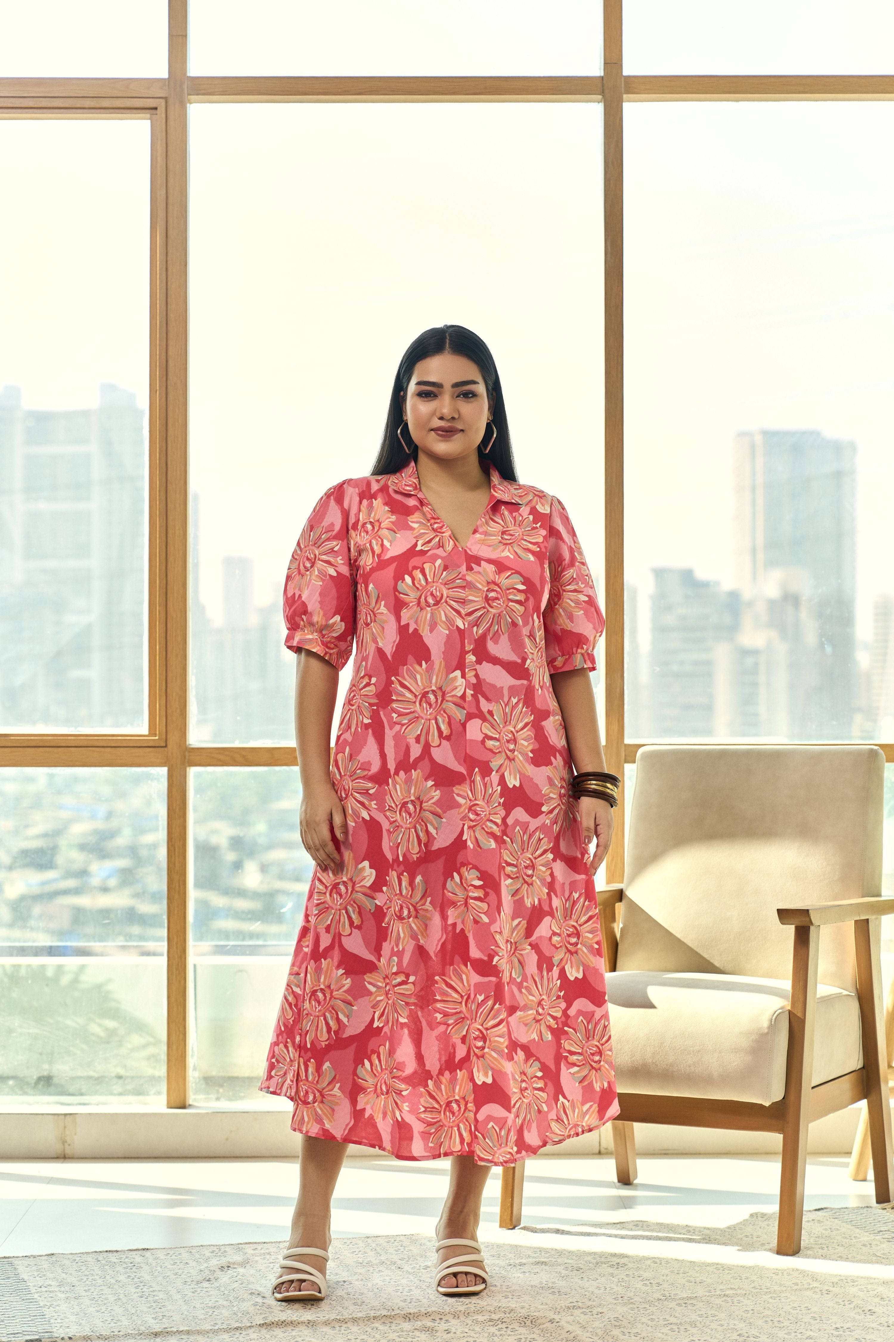 Women's Trendy Pink Floral Cotton Maxi Dress “ A Wardrobe Staple - Nangalia Ruchira