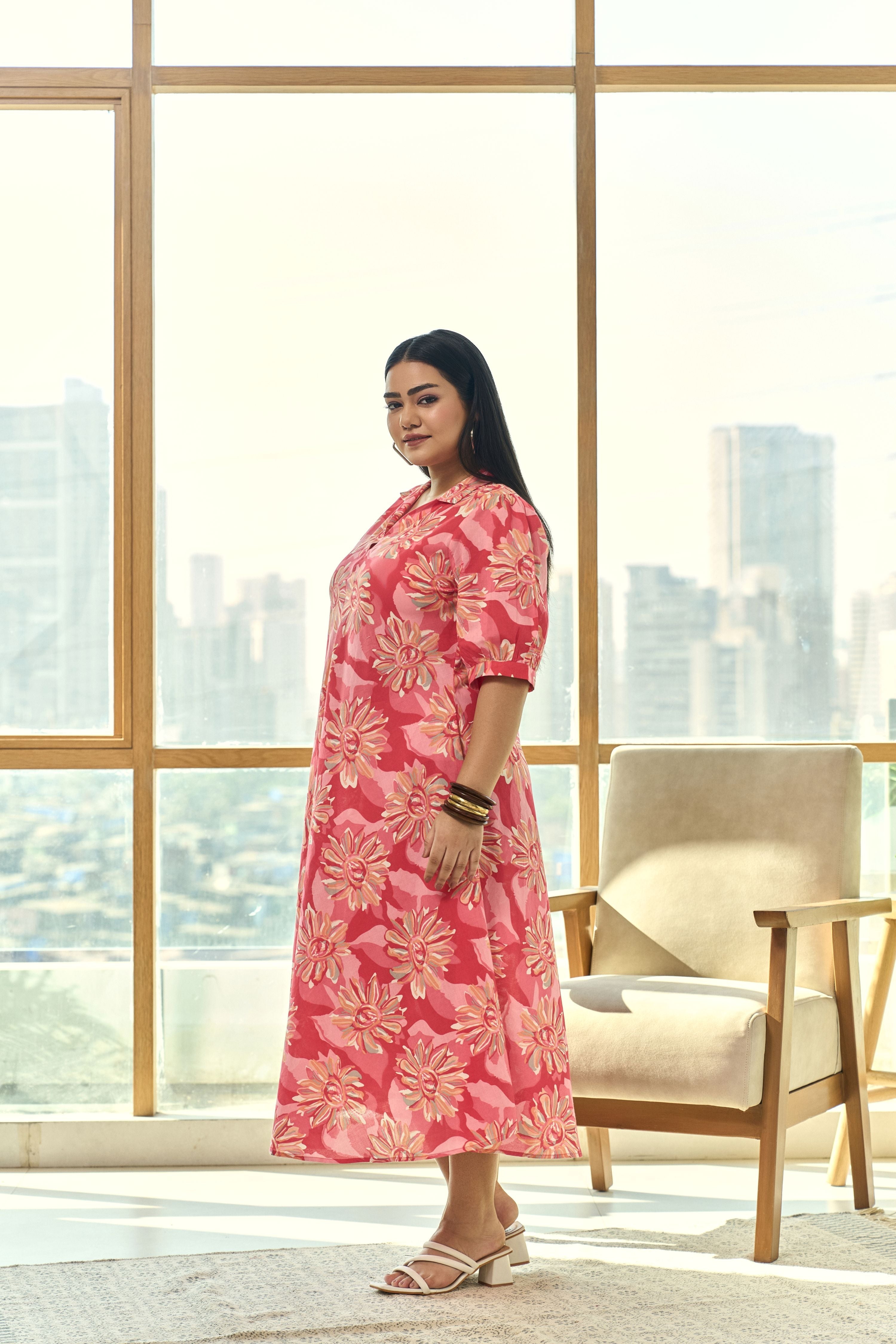 Women's Trendy Pink Floral Cotton Maxi Dress “ A Wardrobe Staple - Nangalia Ruchira