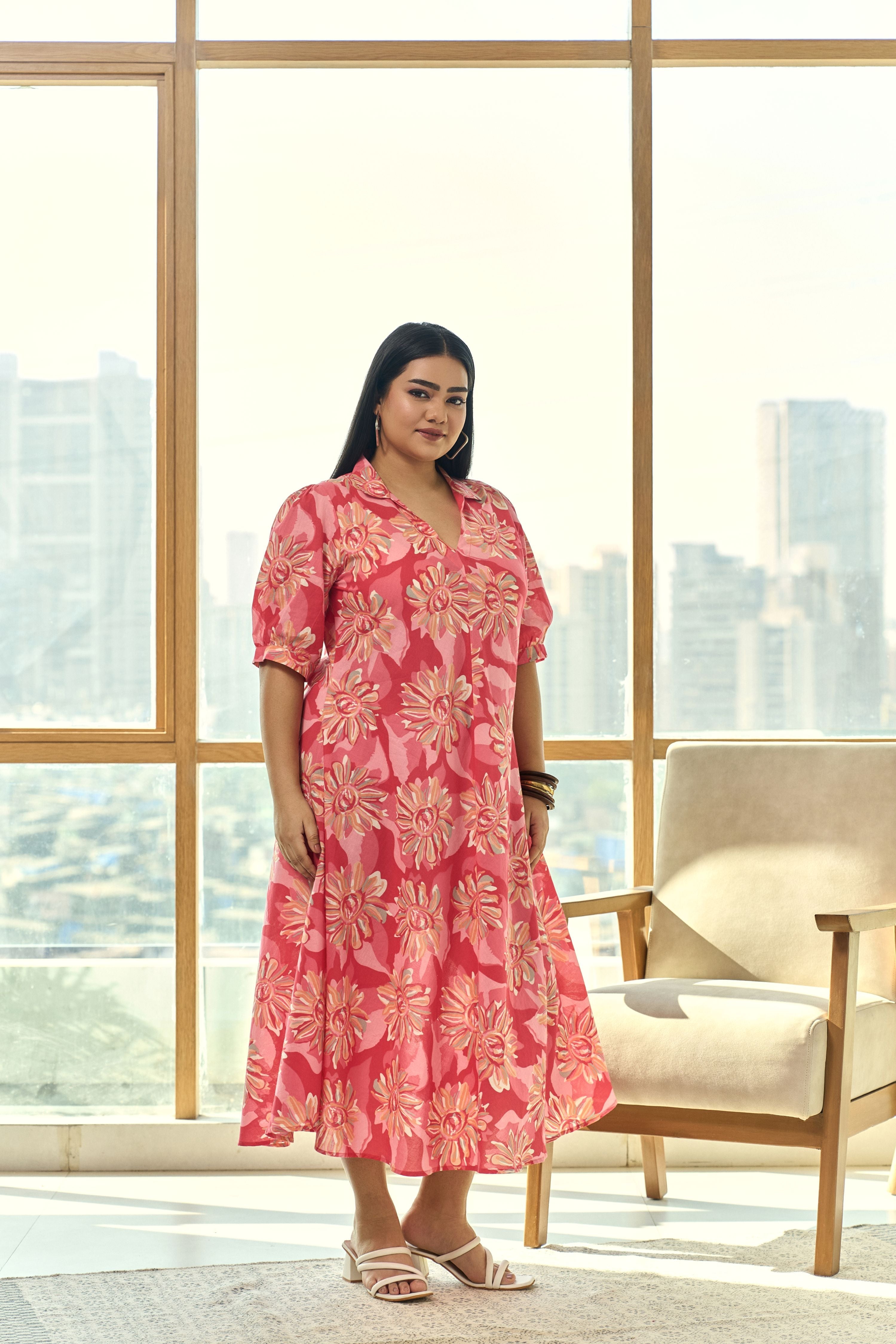 Women's Trendy Pink Floral Cotton Maxi Dress “ A Wardrobe Staple - Nangalia Ruchira