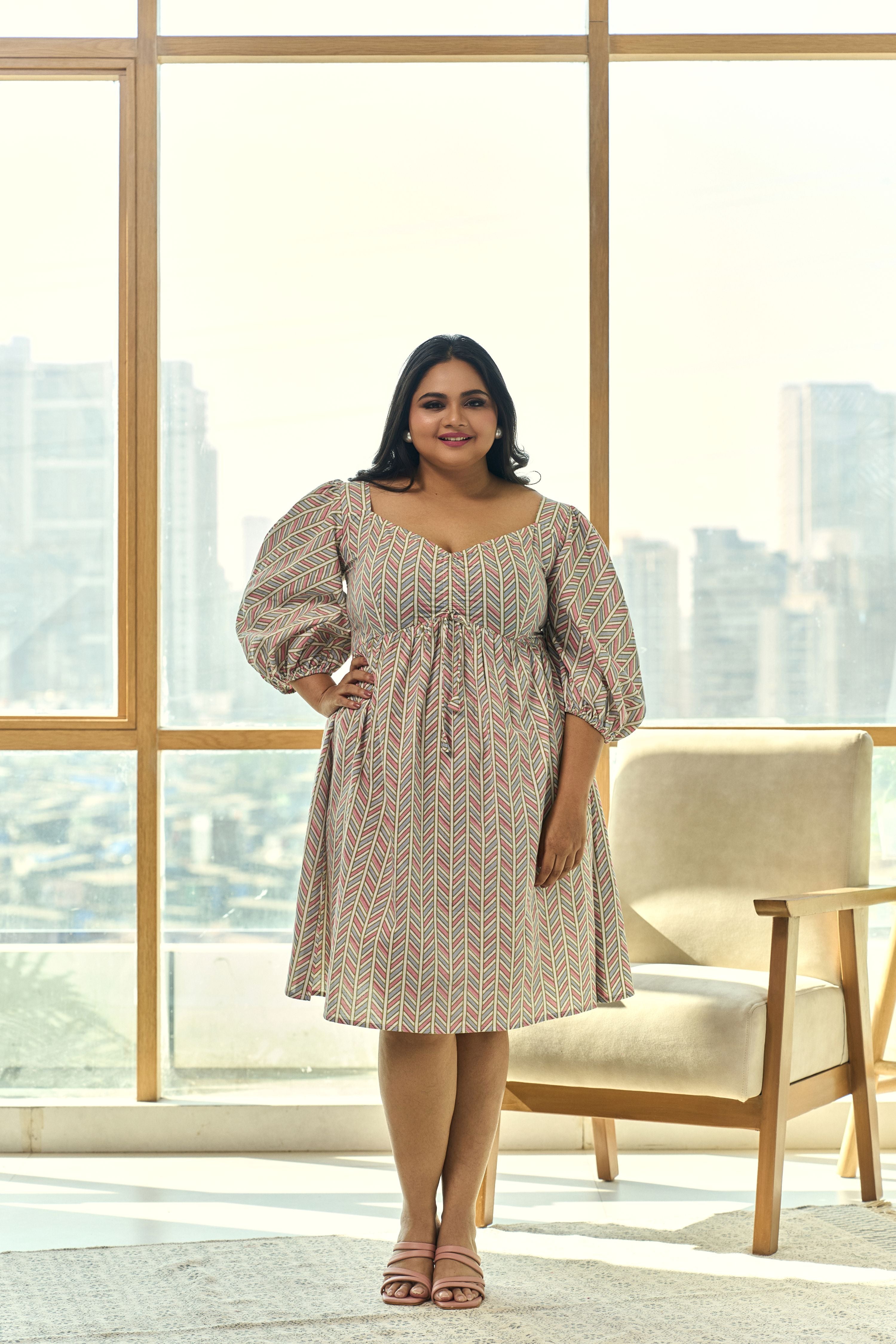 Women's Muted Pink & Blue Chevron Print Short Dress - Nangalia Ruchira