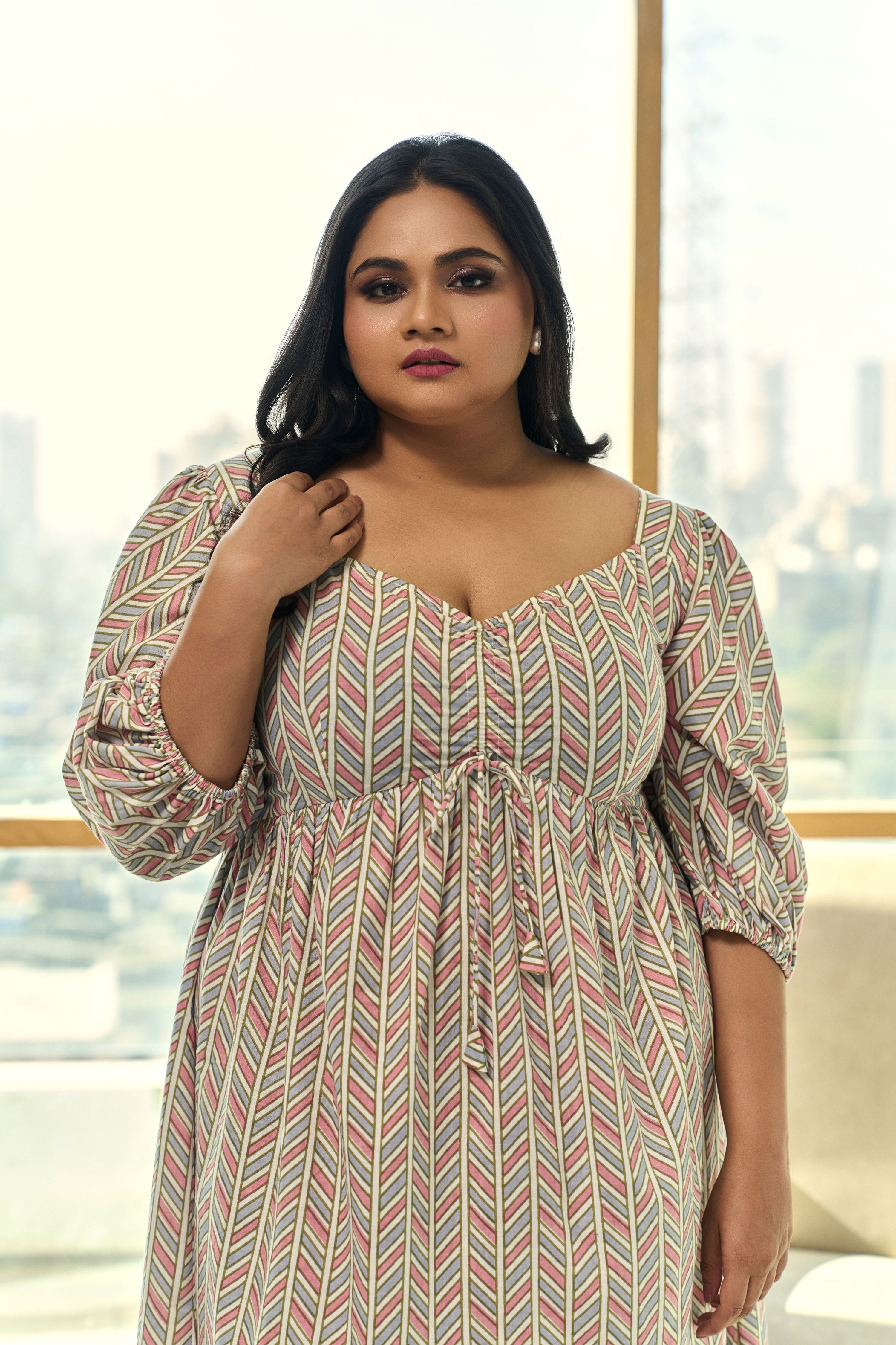 Women's Muted Pink & Blue Chevron Print Short Dress - Nangalia Ruchira