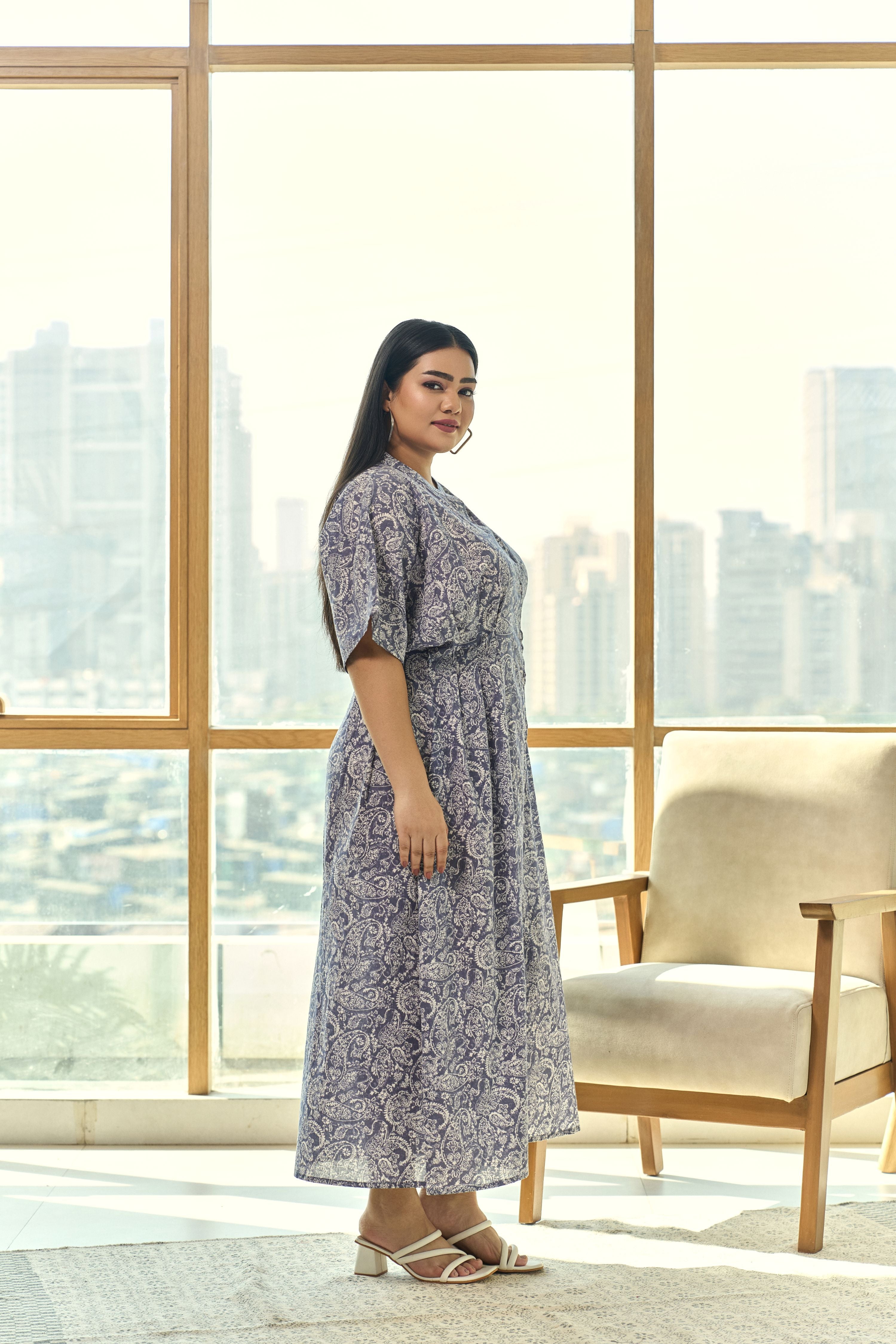 Women's Summer Chic Pleated Screen Print  Cotton Maxi Dress - Nangalia Ruchira