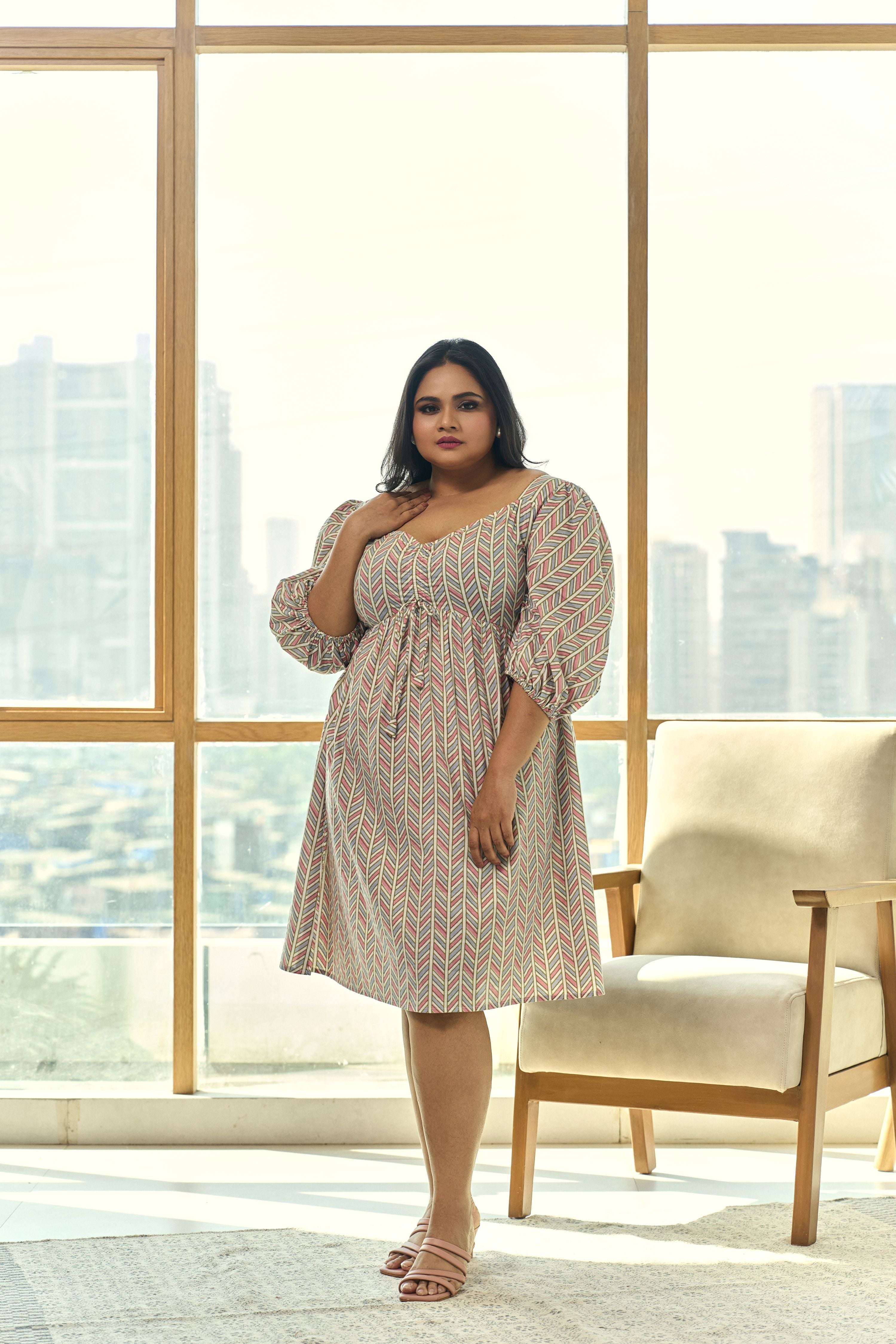 Women's Muted Pink & Blue Chevron Print Short Dress - Nangalia Ruchira
