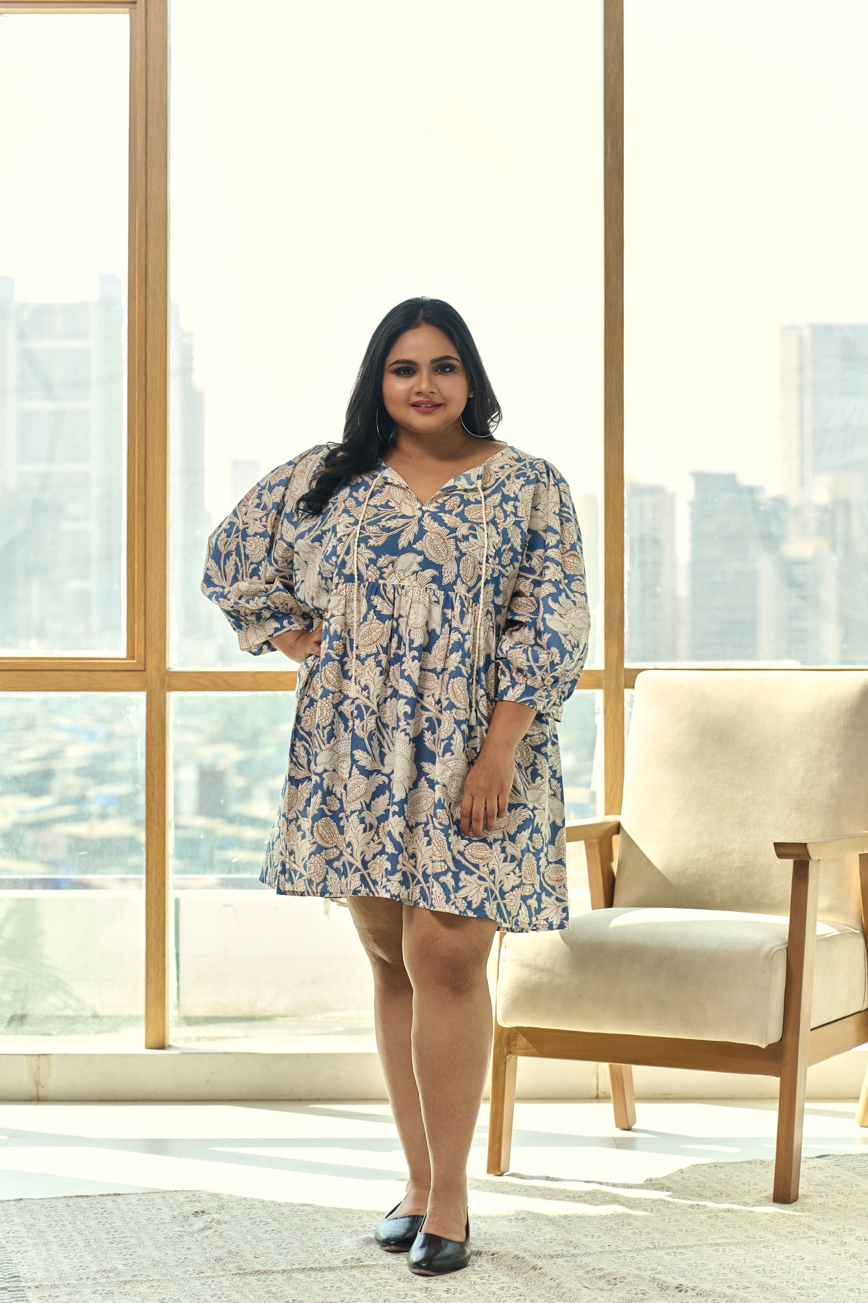 Women's Blue Paisley Print Cotton Doll Dress - Nangalia Ruchira