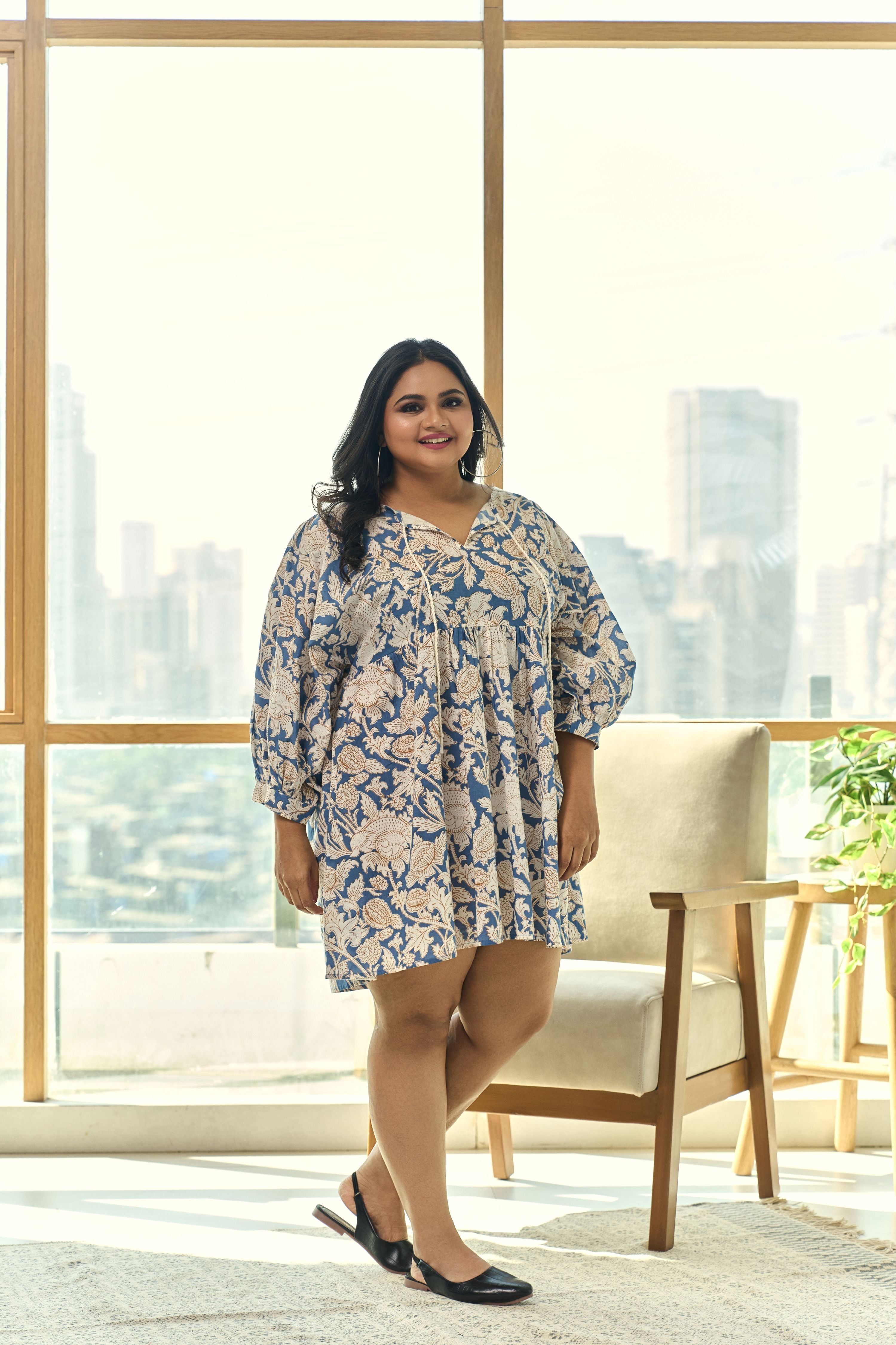 Women's Blue Paisley Print Cotton Doll Dress - Nangalia Ruchira
