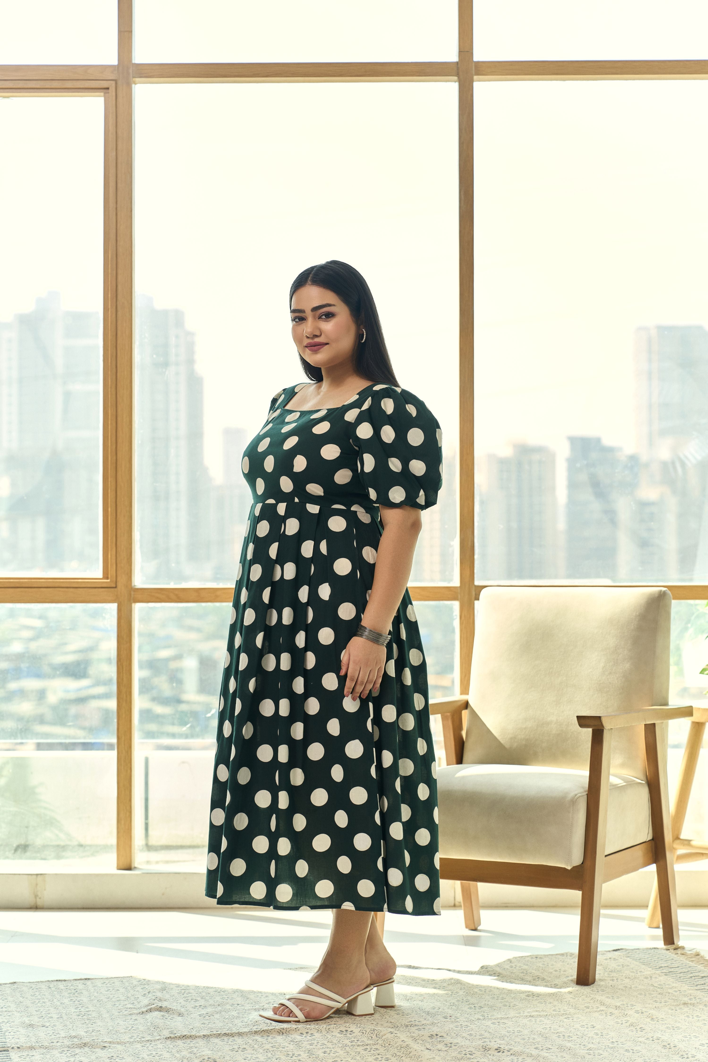 Women's Timeless Polka Dot Green Cotton Maxi Dress With Puff Sleeves - Nangalia Ruchira