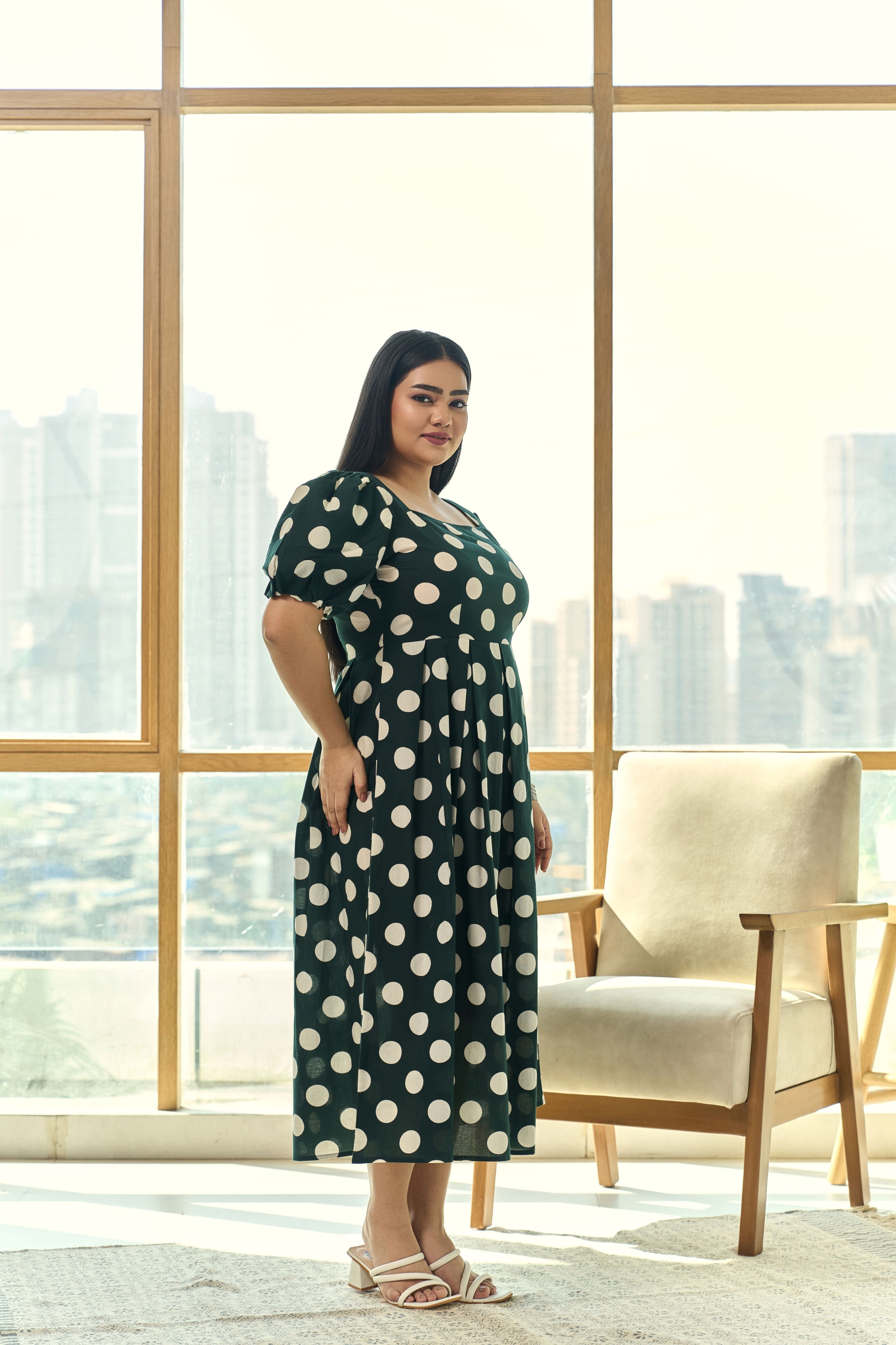 Women's Timeless Polka Dot Green Cotton Maxi Dress With Puff Sleeves - Nangalia Ruchira
