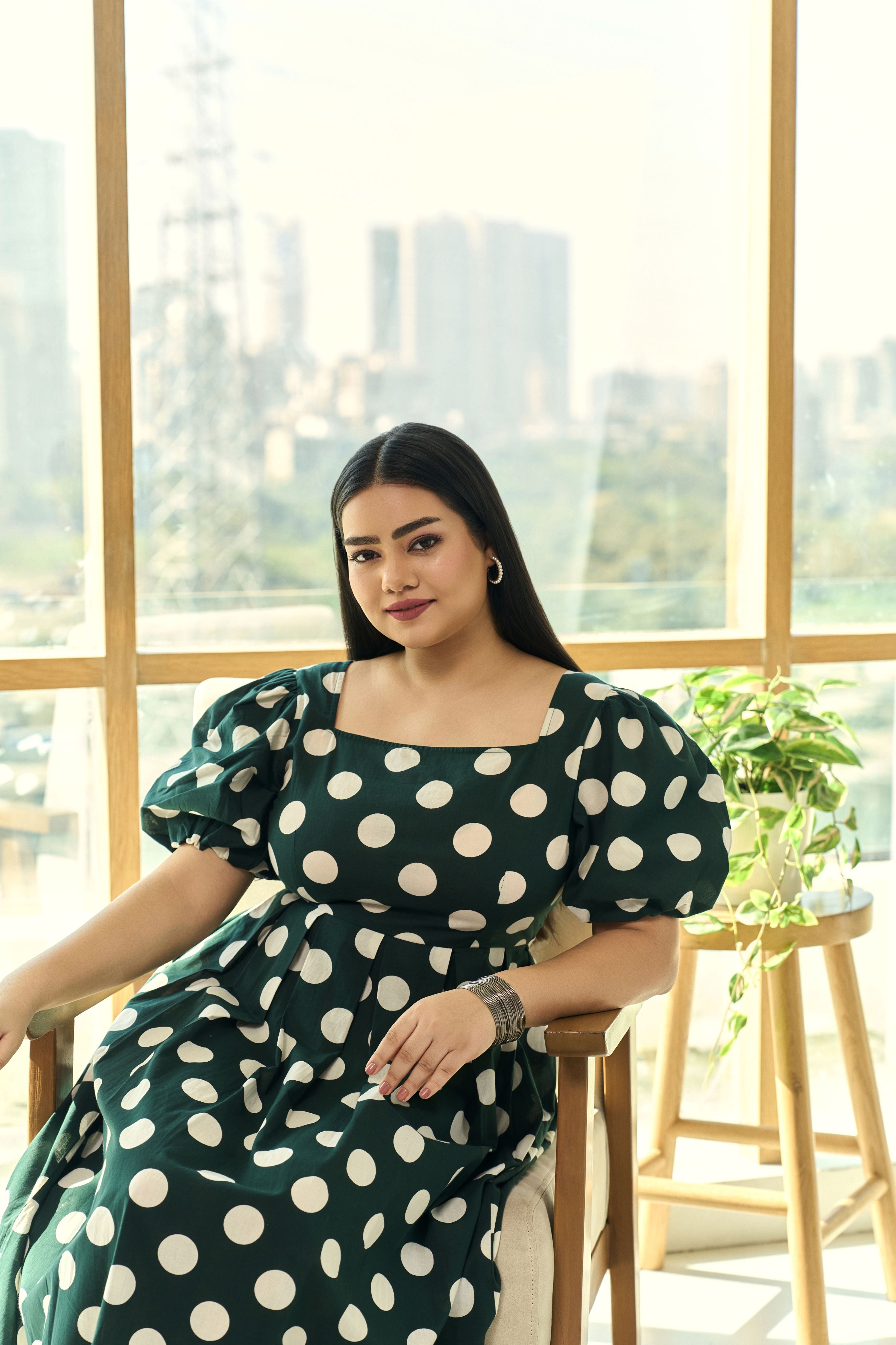 Women's Timeless Polka Dot Green Cotton Maxi Dress With Puff Sleeves - Nangalia Ruchira