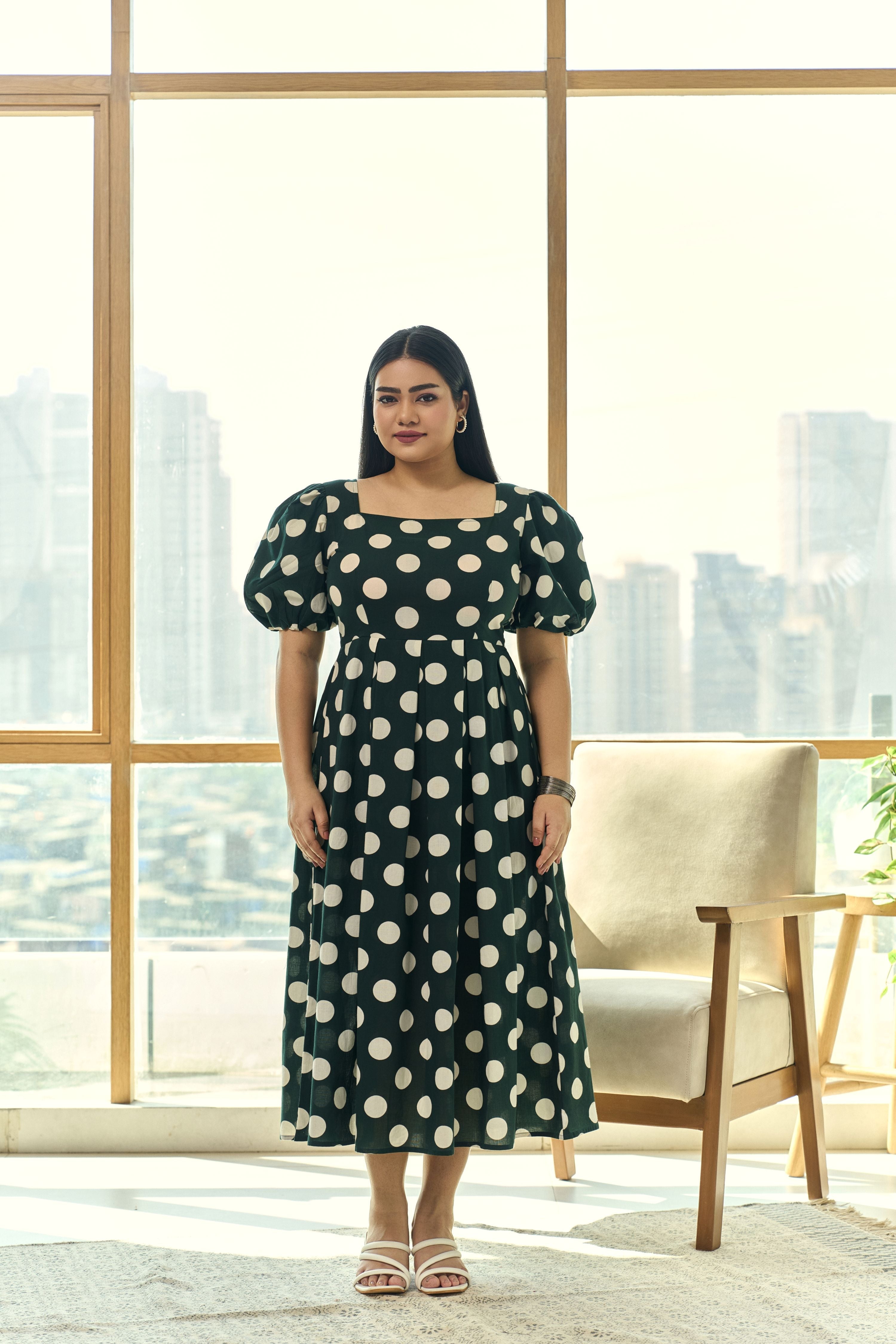 Women's Timeless Polka Dot Green Cotton Maxi Dress With Puff Sleeves - Nangalia Ruchira