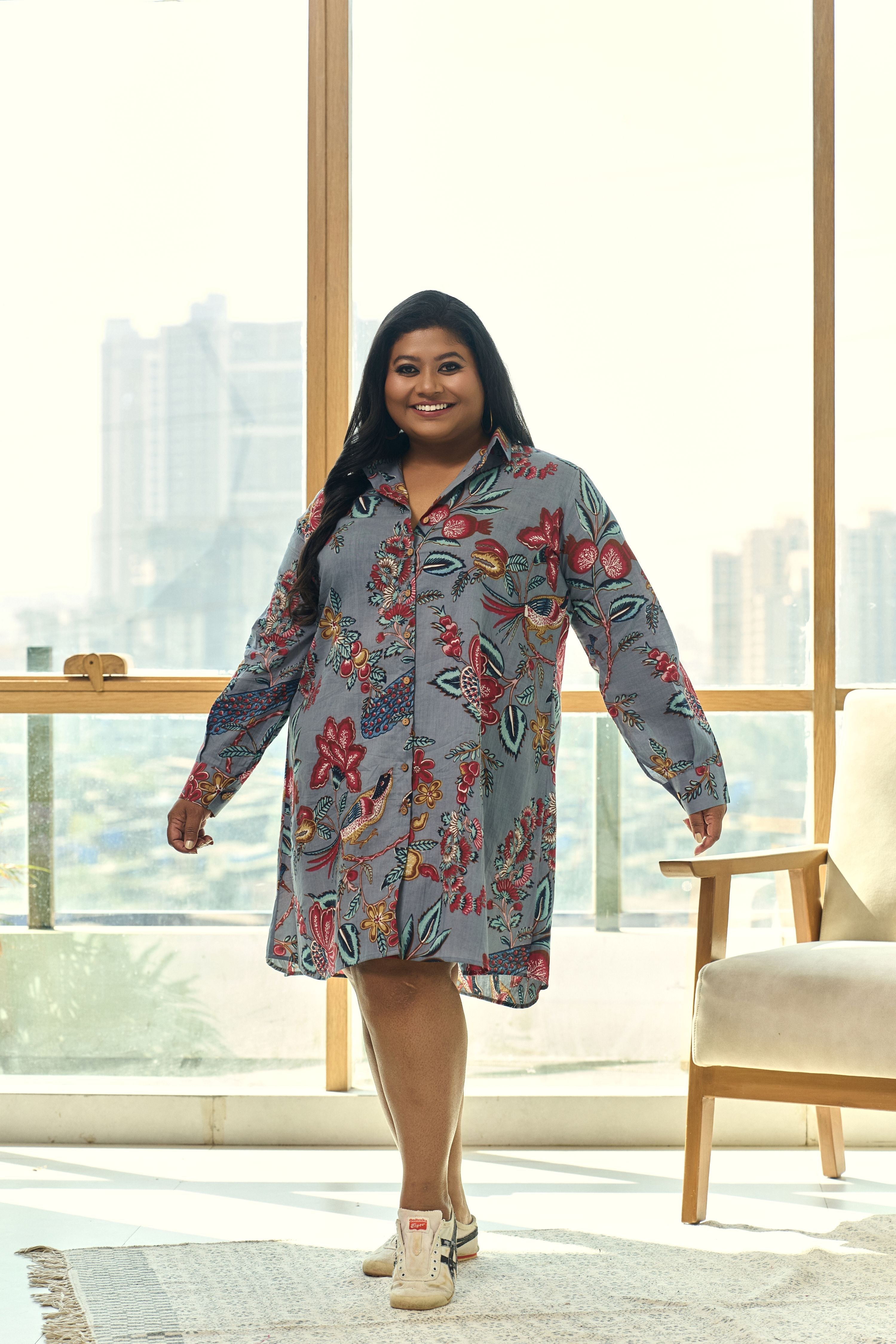 Women's Grey Fruit Print Cotton Shirt Dress - Nangalia Ruchira