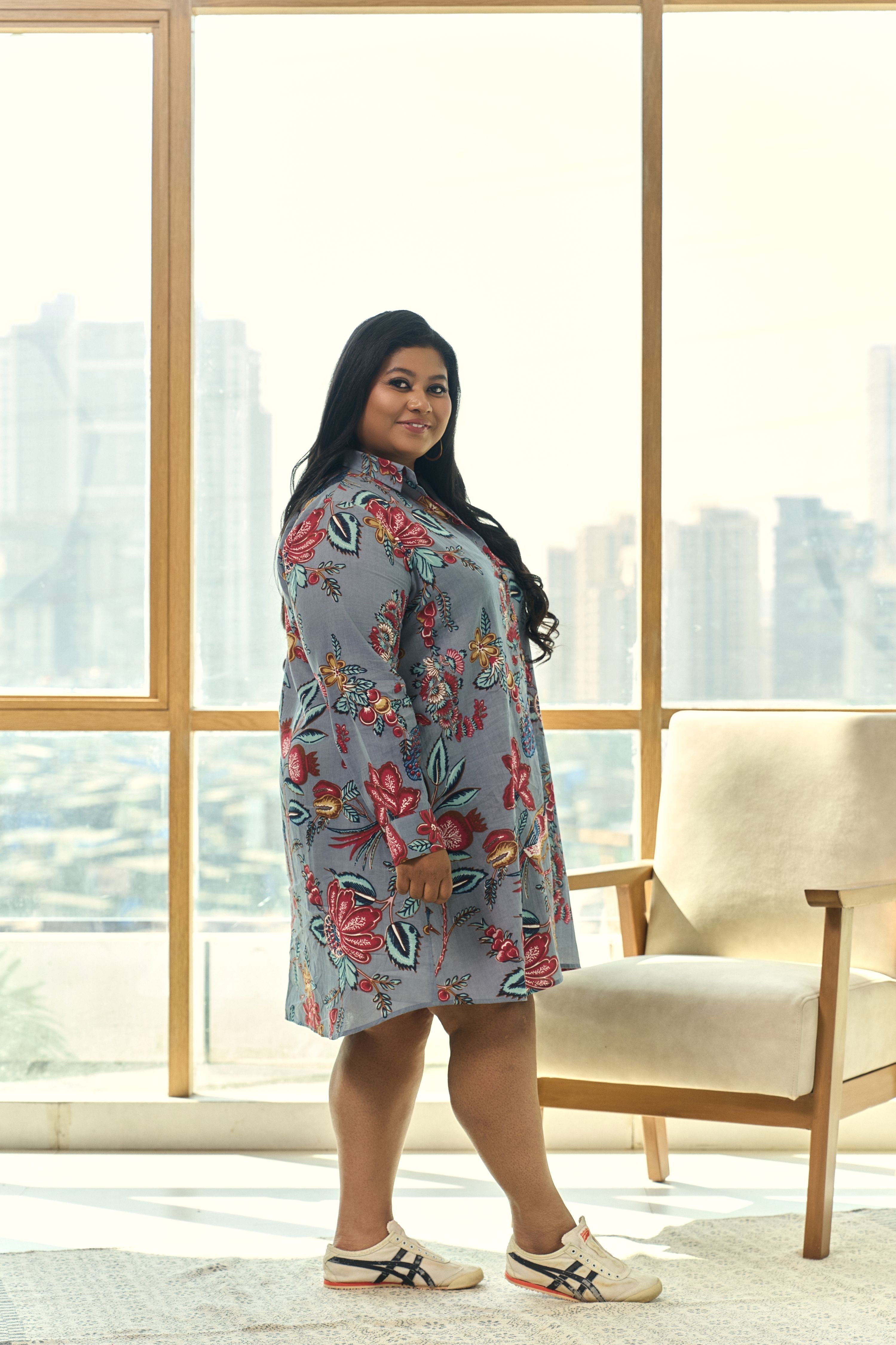 Women's Grey Fruit Print Cotton Shirt Dress - Nangalia Ruchira