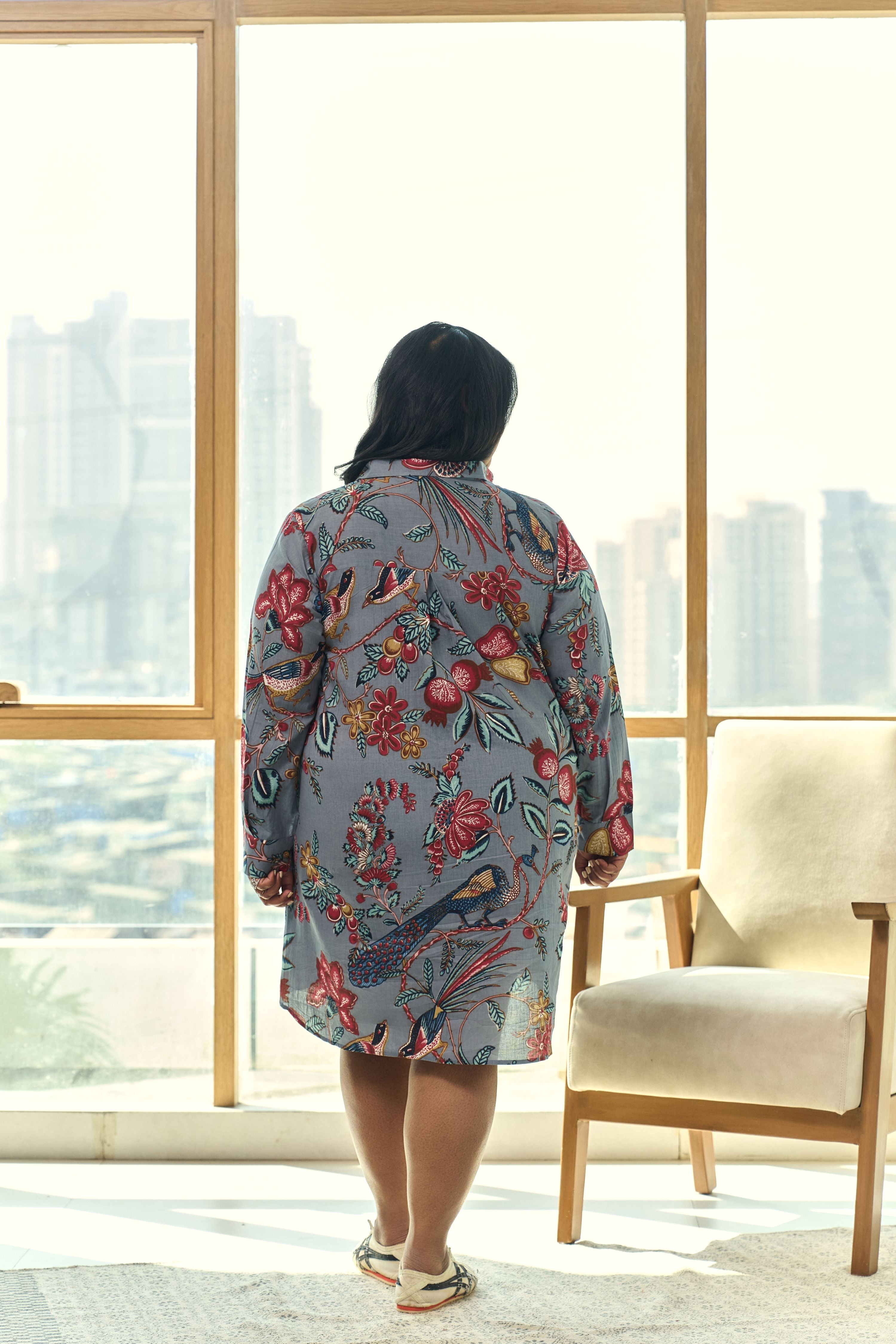 Women's Grey Fruit Print Cotton Shirt Dress - Nangalia Ruchira