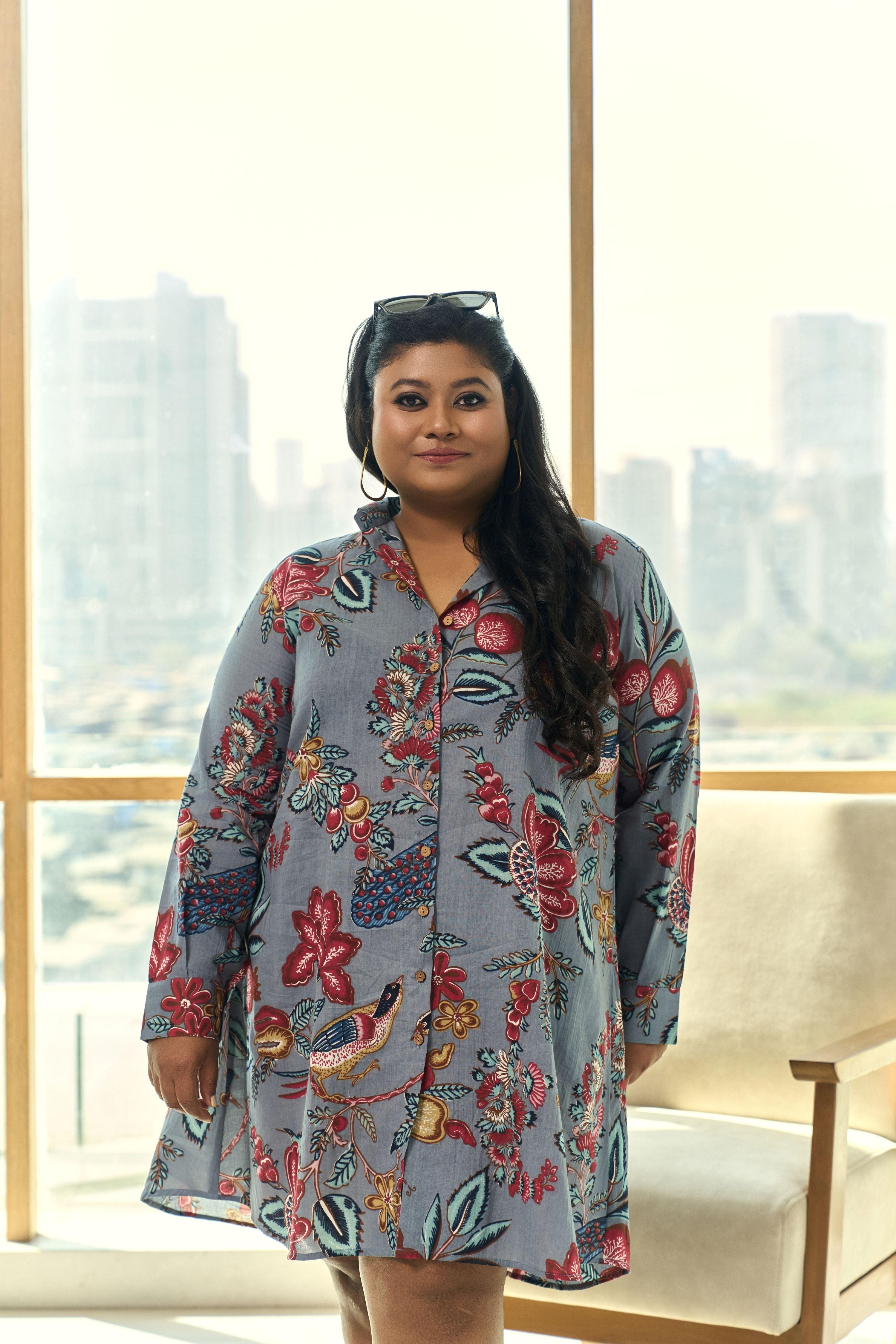 Women's Grey Fruit Print Cotton Shirt Dress - Nangalia Ruchira