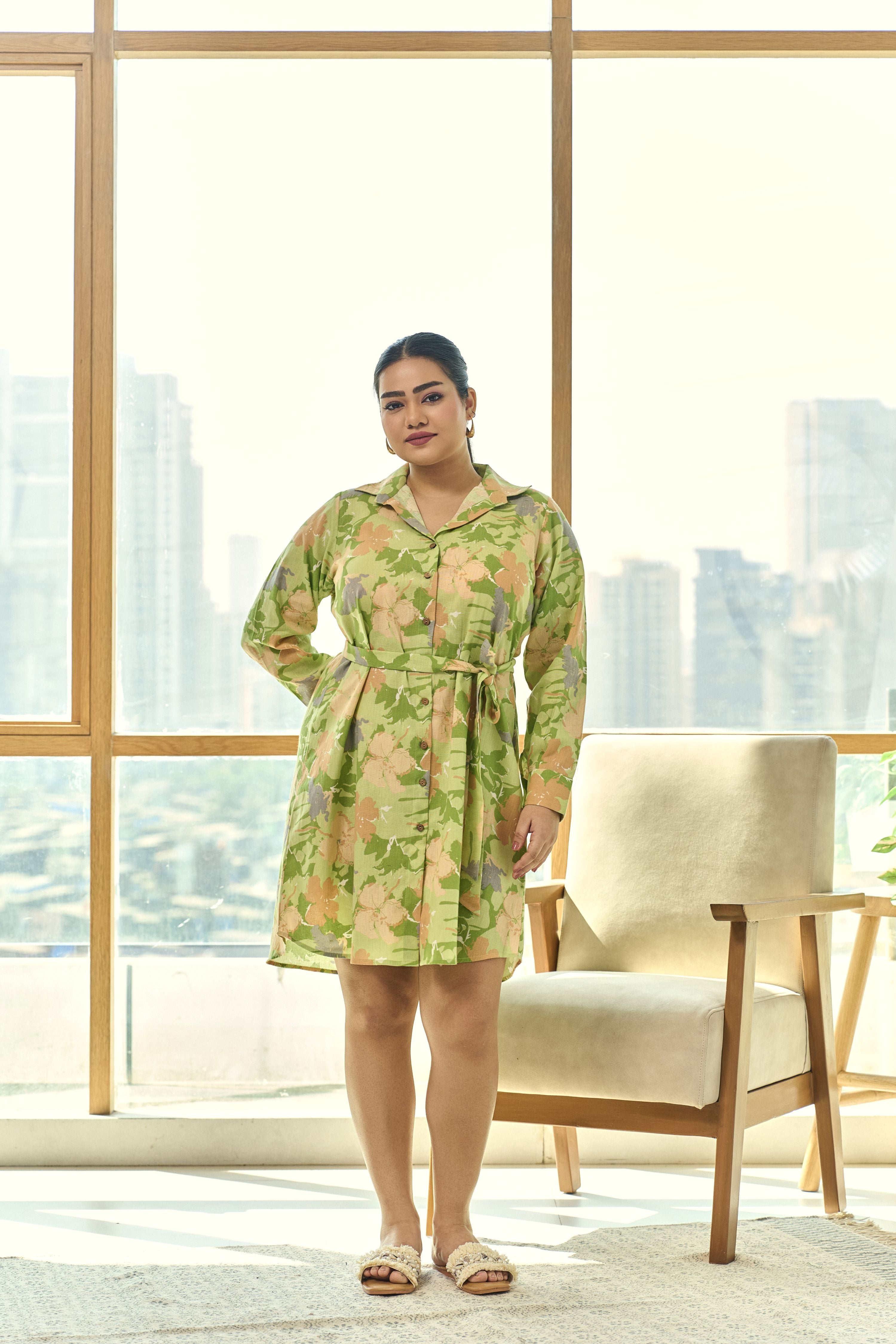 Women's Lime Green Floral Linen Shirt Dress With Belt - Nangalia Ruchira