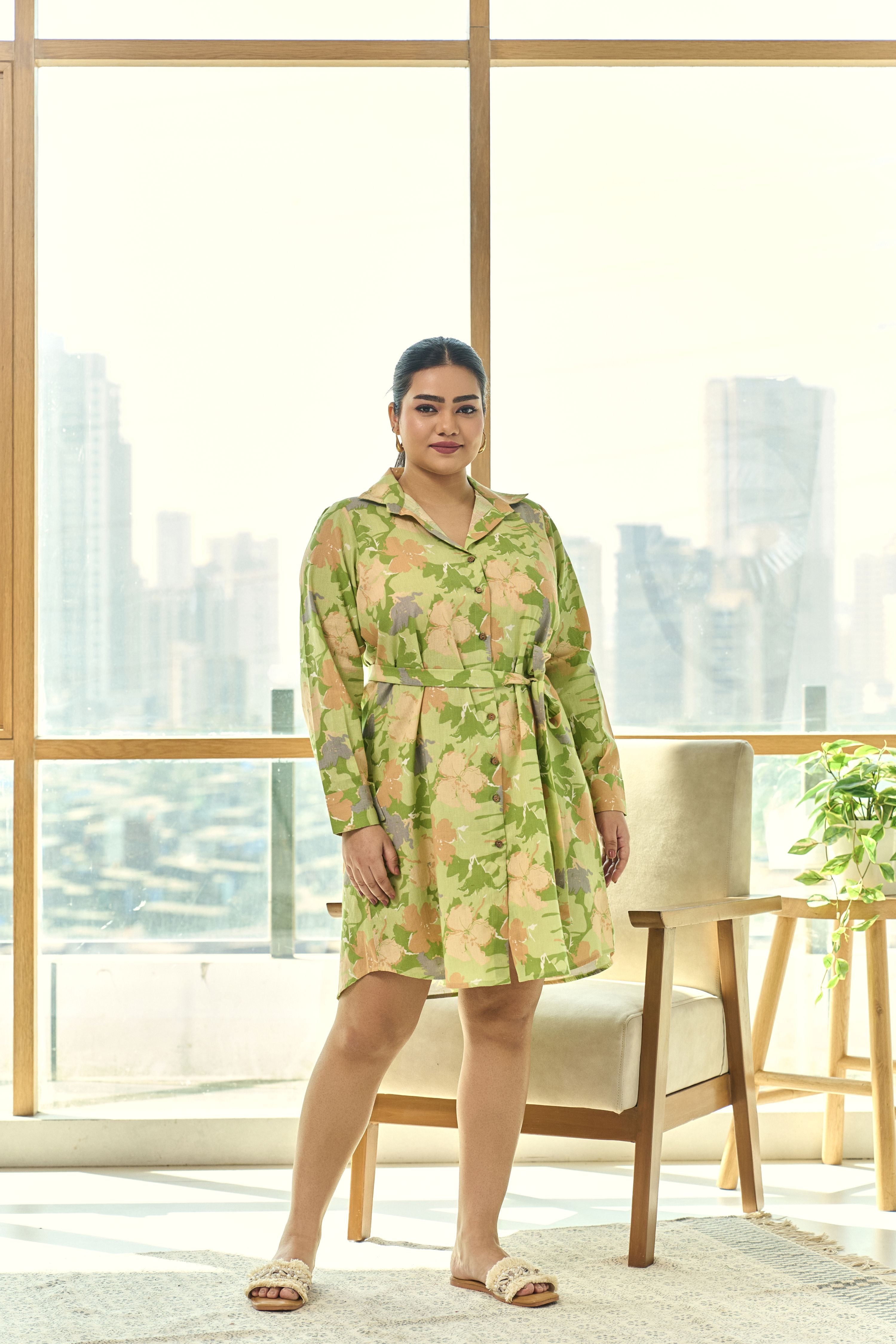 Women's Lime Green Floral Linen Shirt Dress With Belt - Nangalia Ruchira