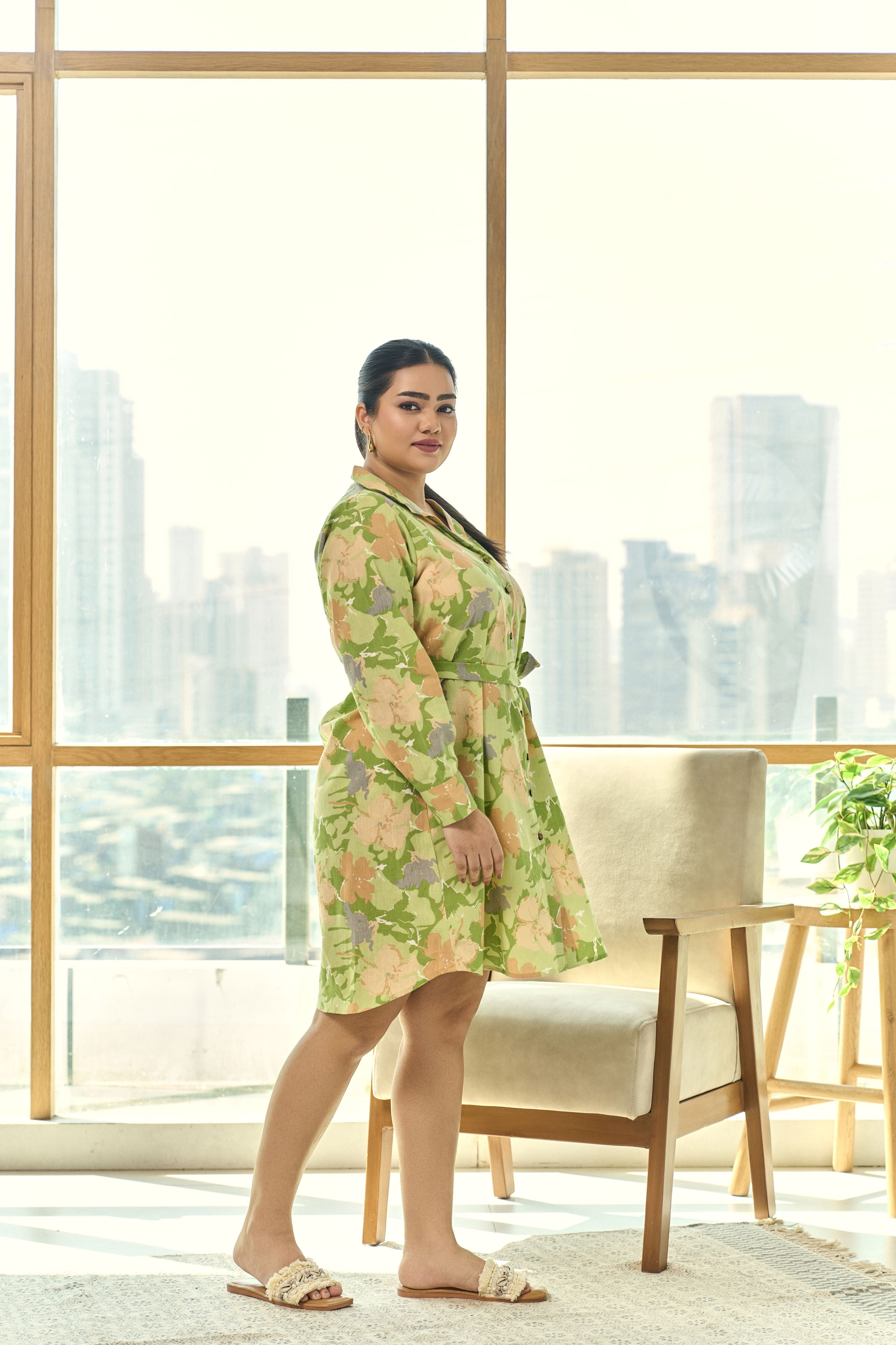 Women's Lime Green Floral Linen Shirt Dress With Belt - Nangalia Ruchira