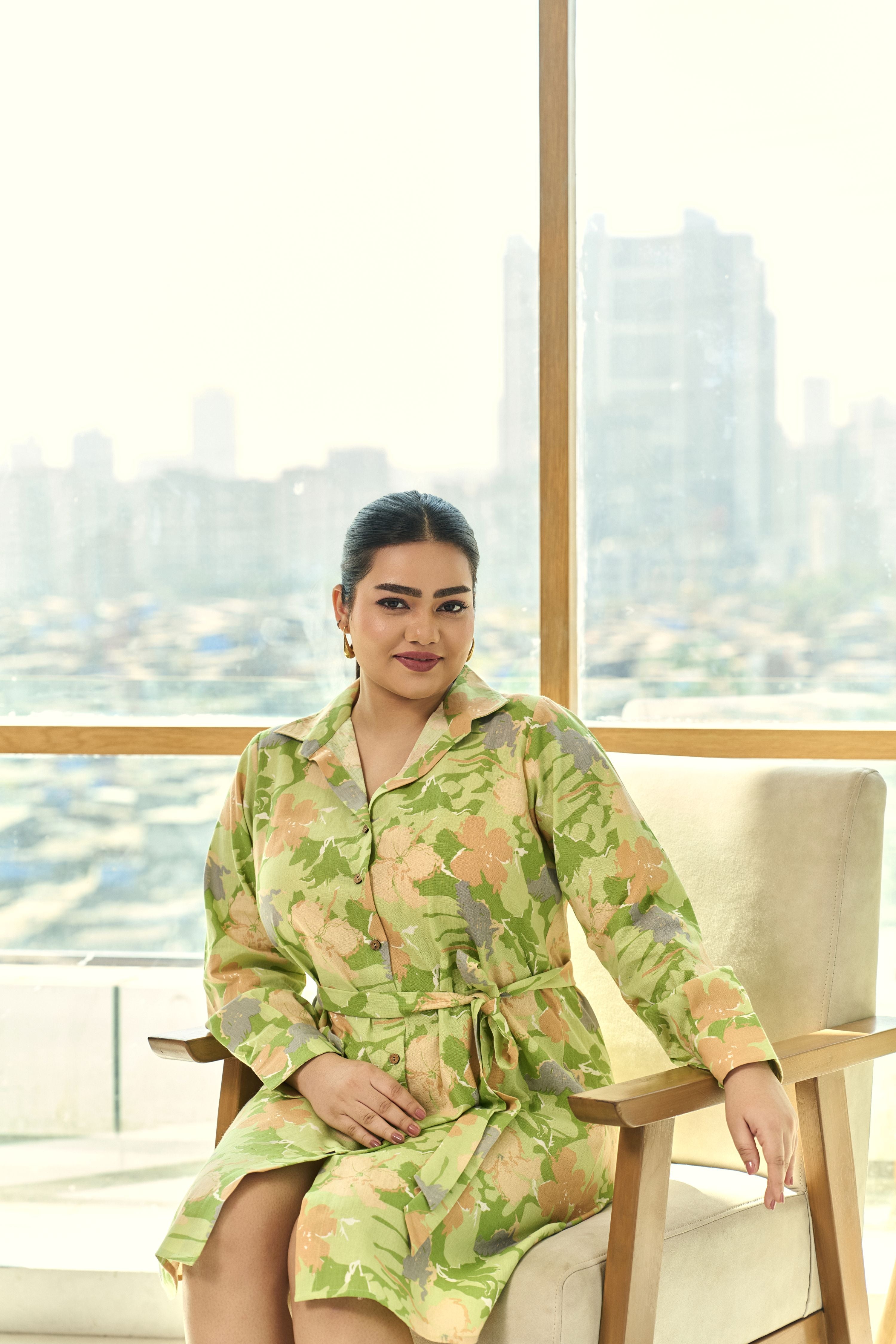 Women's Lime Green Floral Linen Shirt Dress With Belt - Nangalia Ruchira