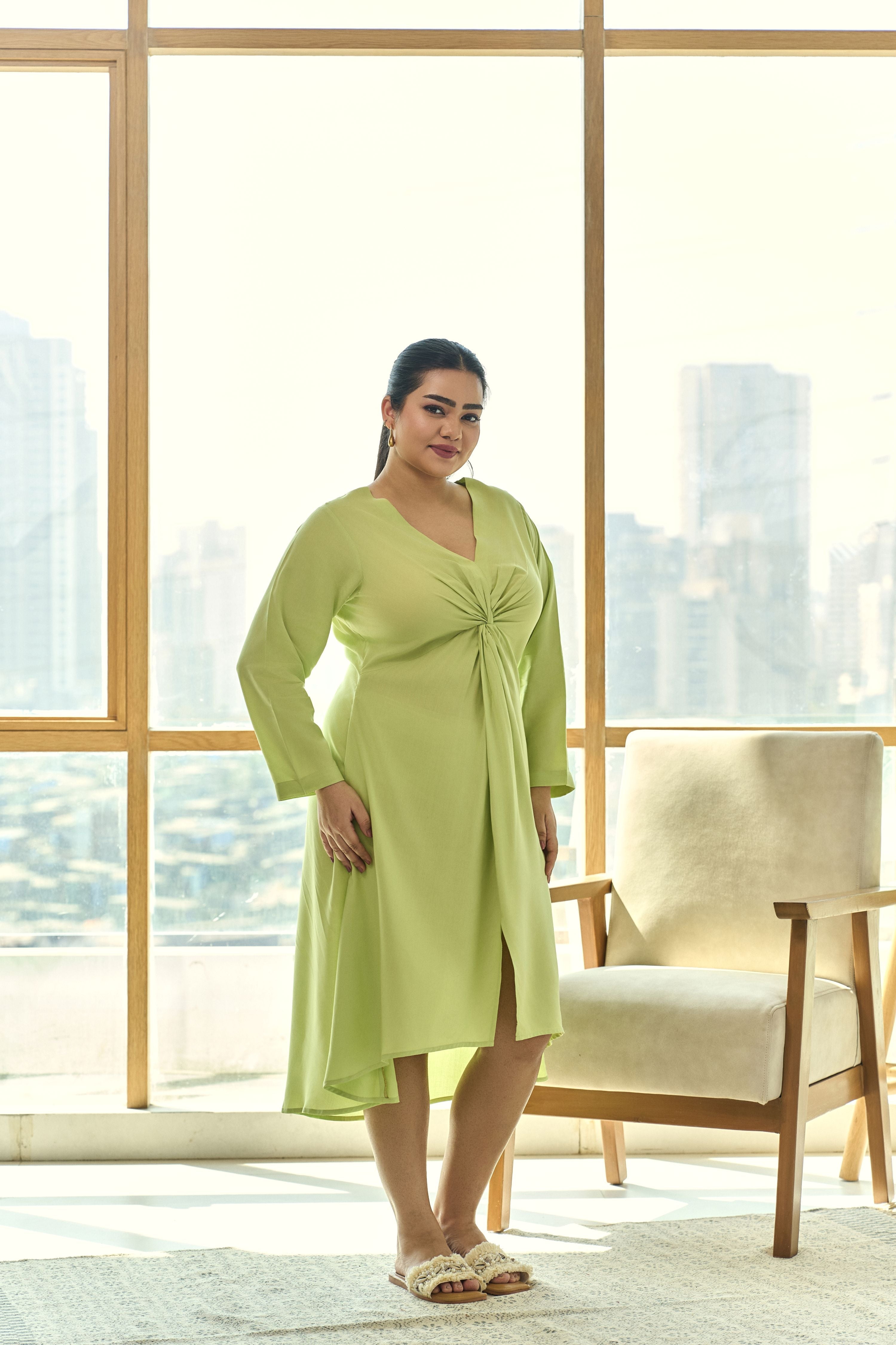 Women's Lime Green Front Knot  Party Dress - Nangalia Ruchira