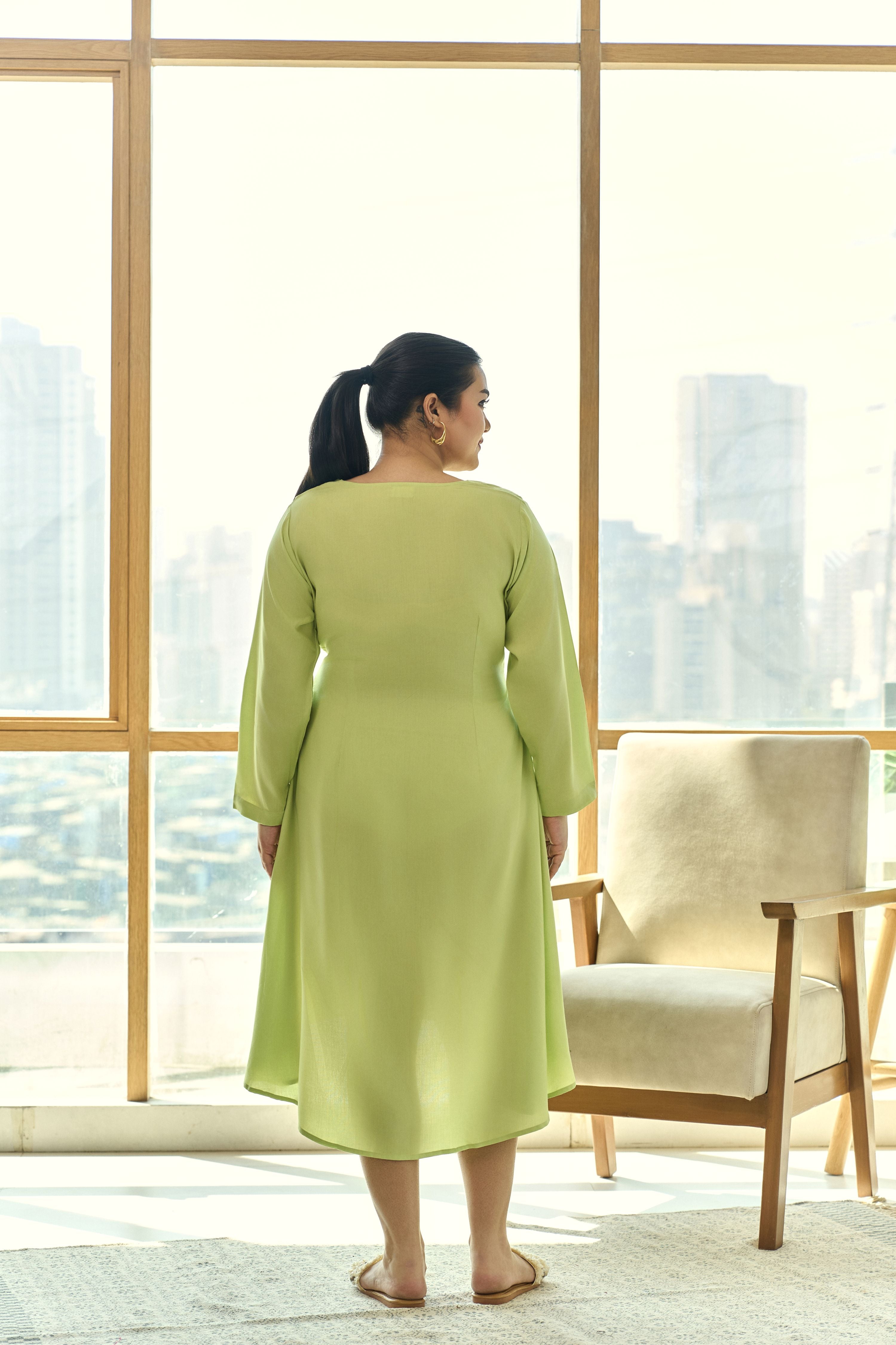 Women's Lime Green Front Knot  Party Dress - Nangalia Ruchira