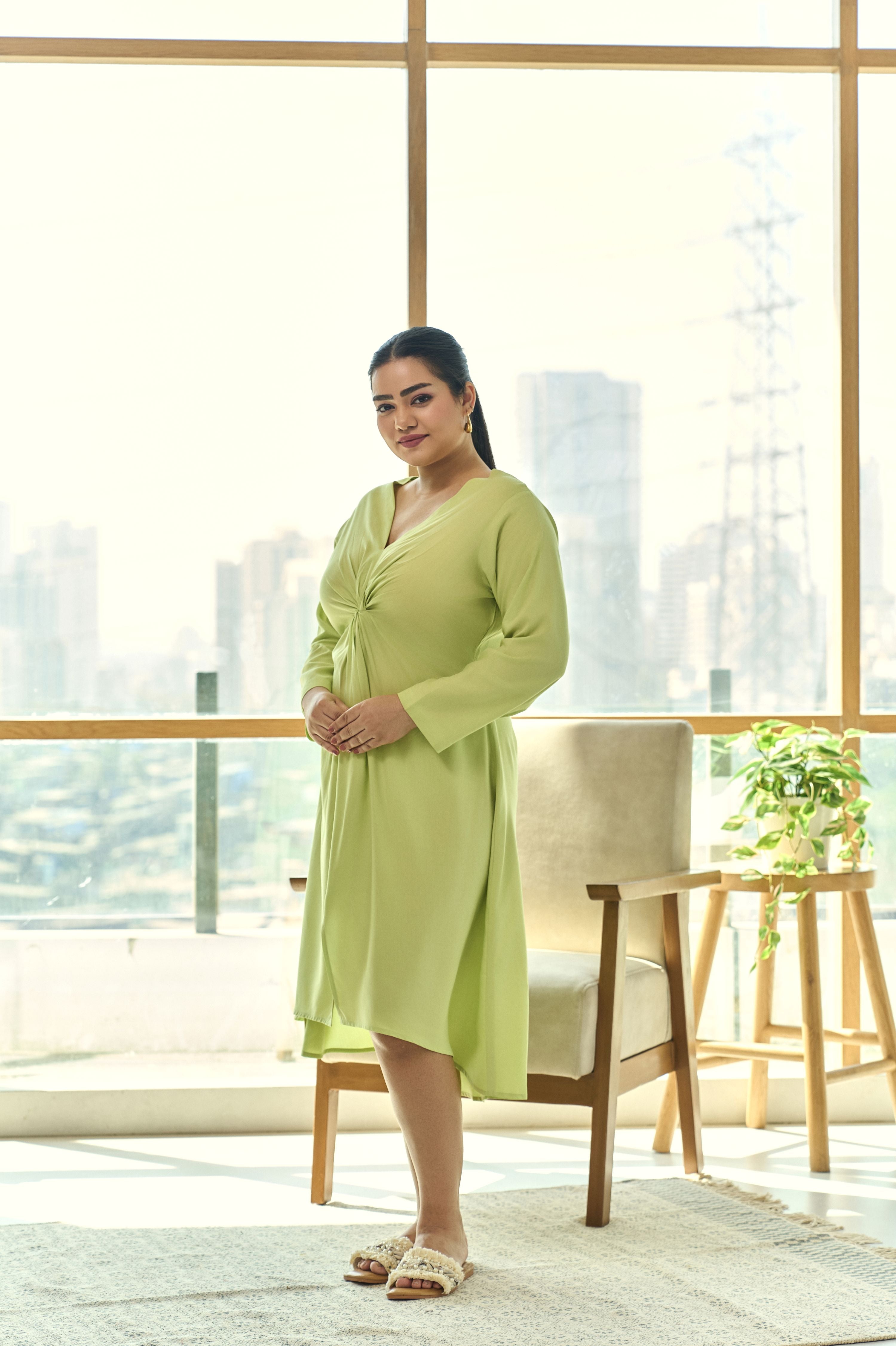 Women's Lime Green Front Knot  Party Dress - Nangalia Ruchira
