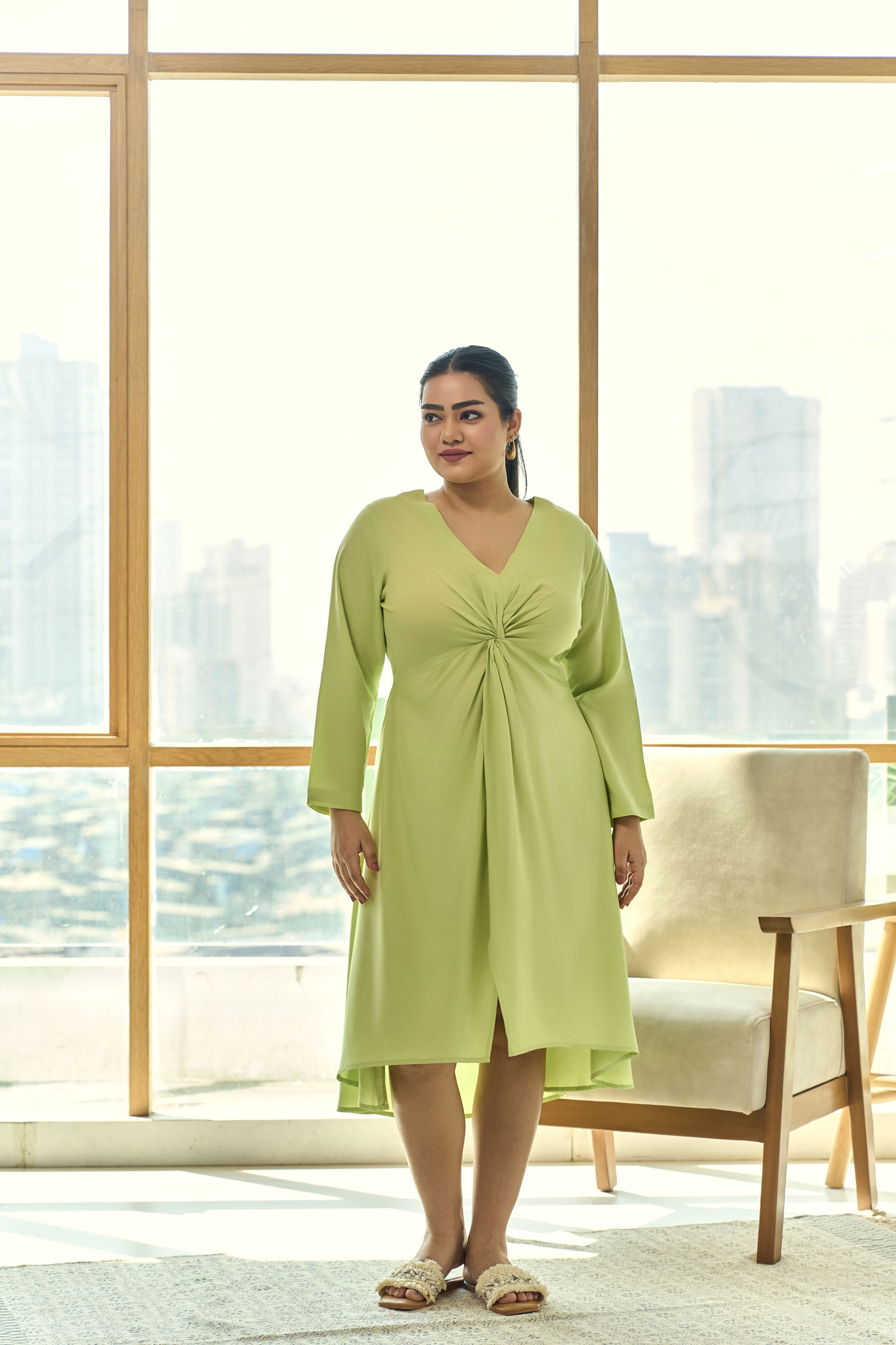 Women's Lime Green Front Knot  Party Dress - Nangalia Ruchira