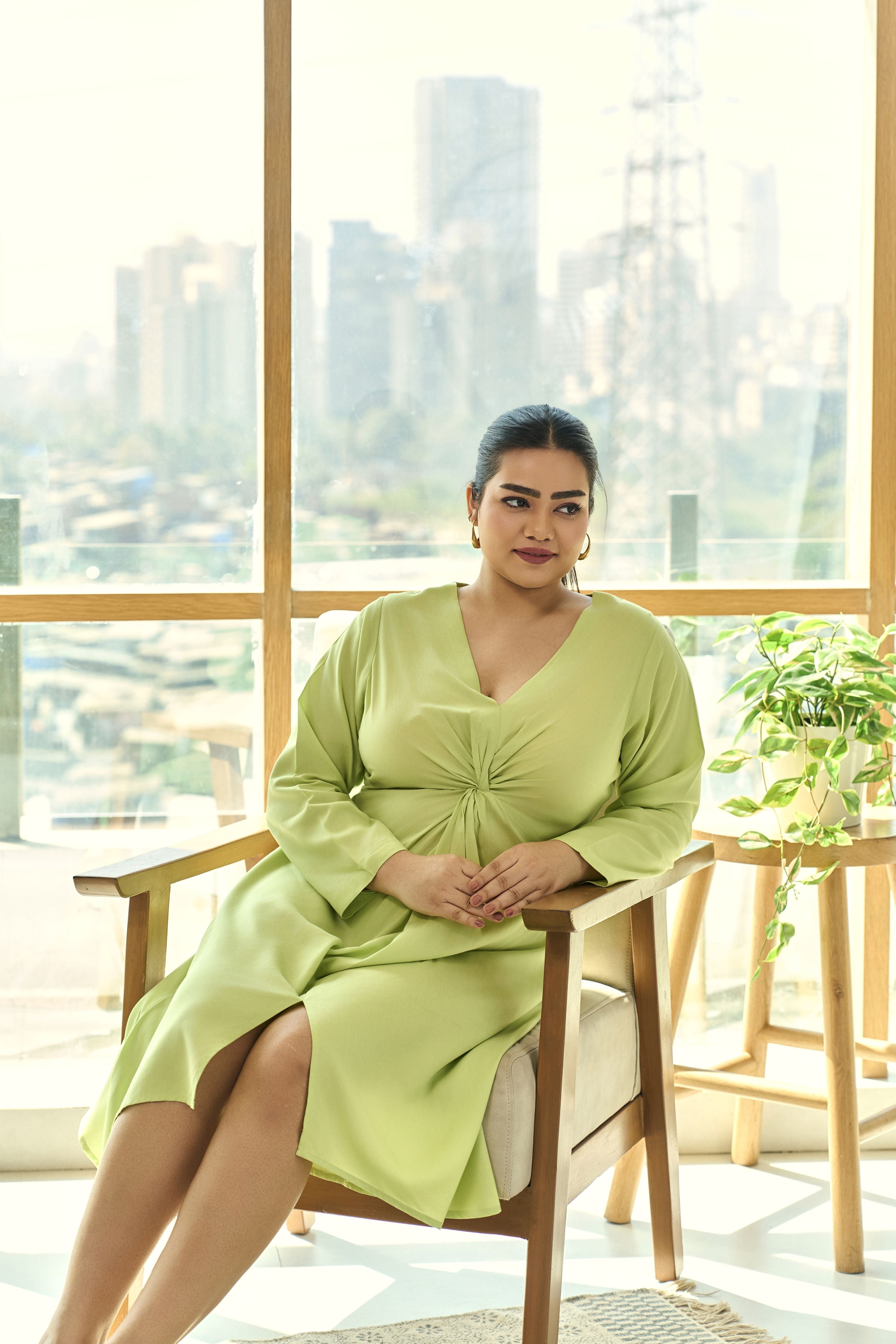 Women's Lime Green Front Knot  Party Dress - Nangalia Ruchira