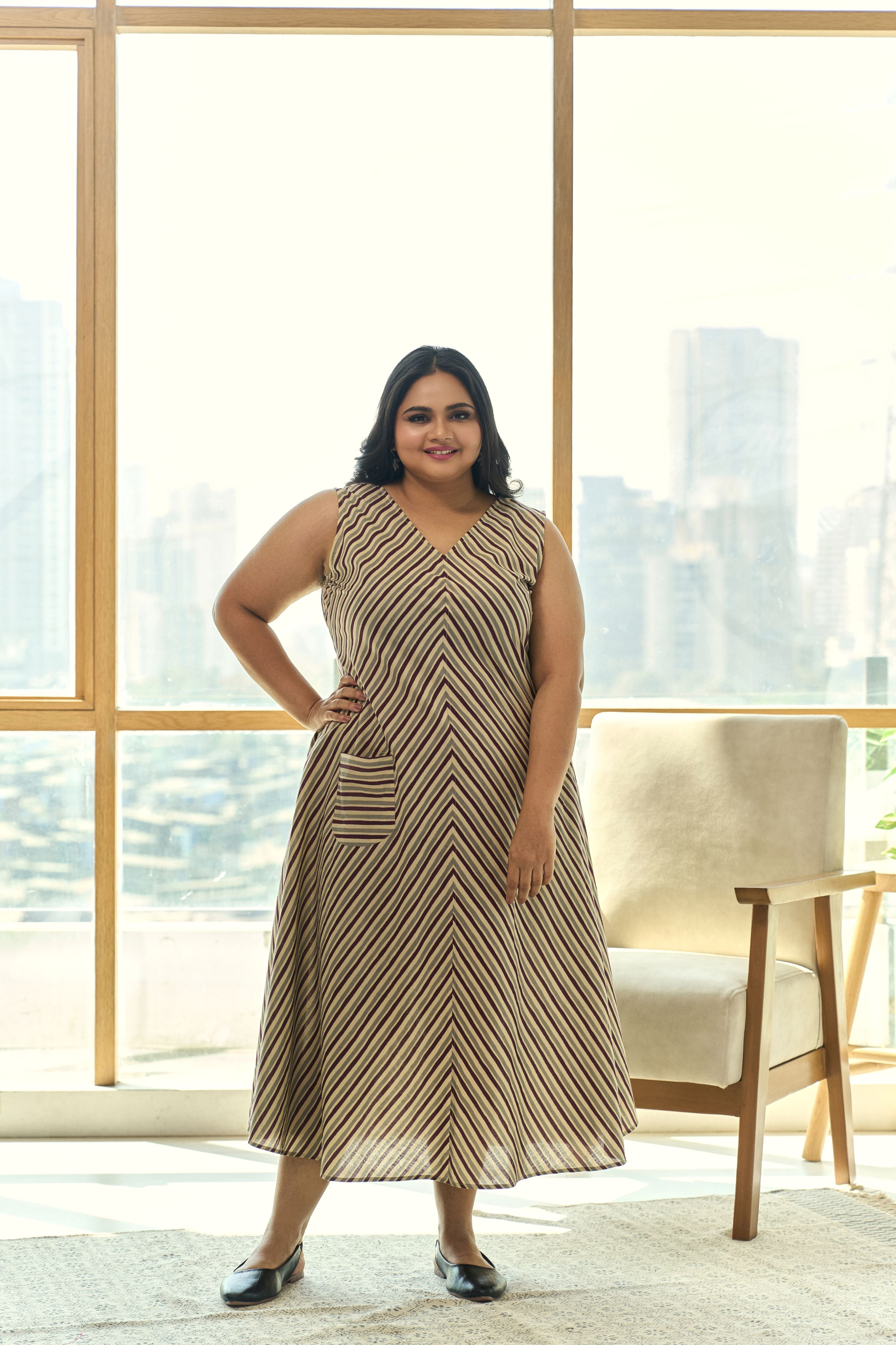 Women's Trendy Striped A-Line Cotton Mocha Maxi Dress With Pockets - Nangalia Ruchira