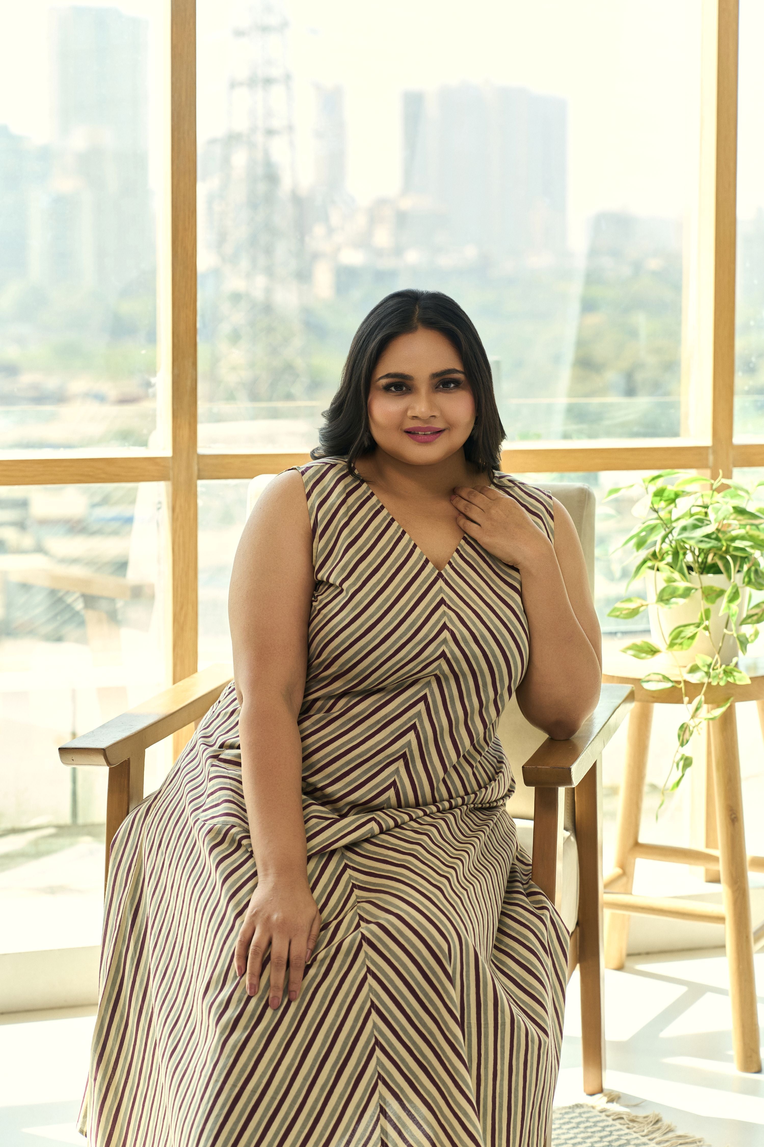 Women's Trendy Striped A-Line Cotton Mocha Maxi Dress With Pockets - Nangalia Ruchira
