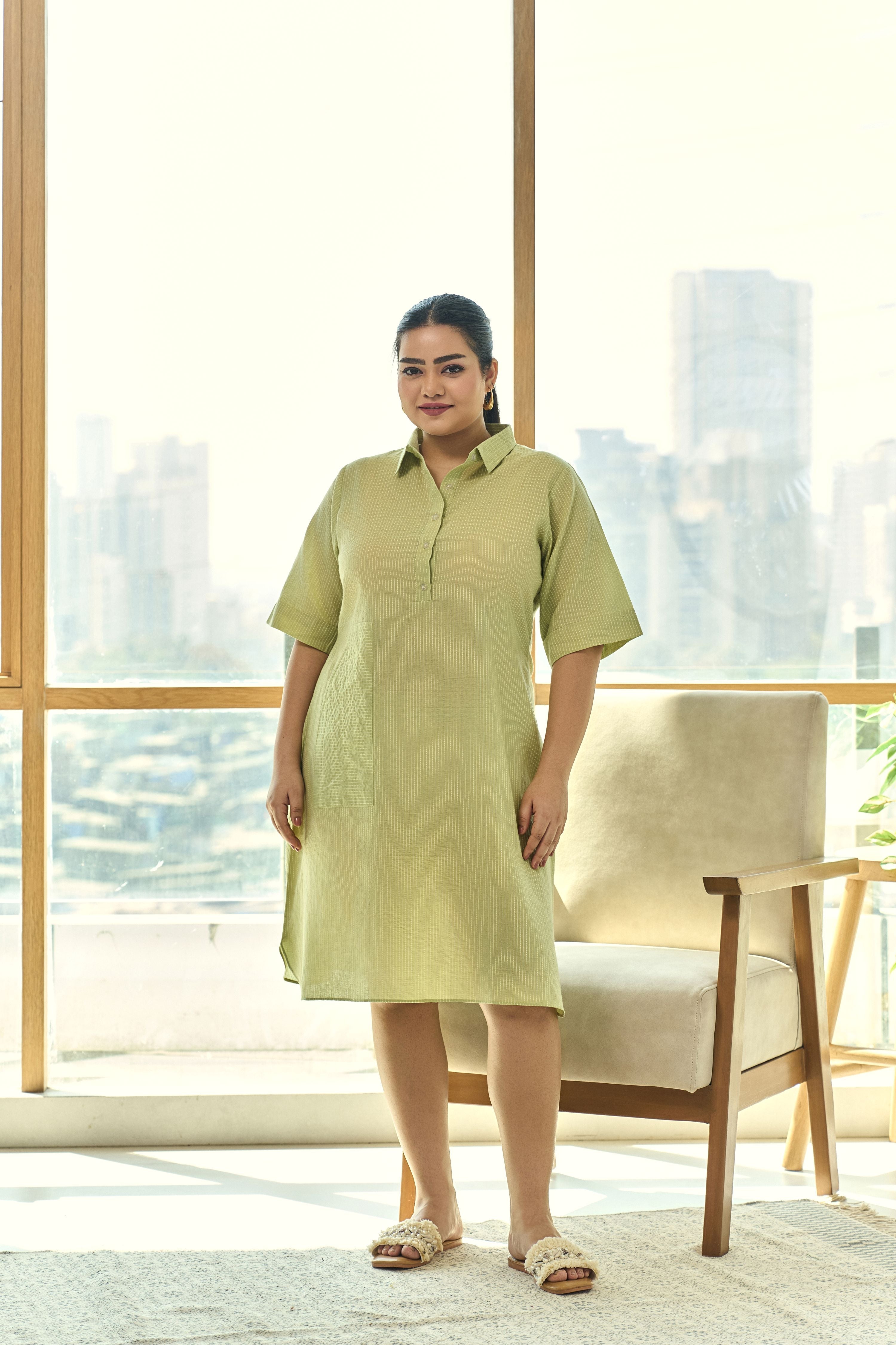 Women's Green Kantha Cambric Cotton Dress With Functional Buttons - Nangalia Ruchira
