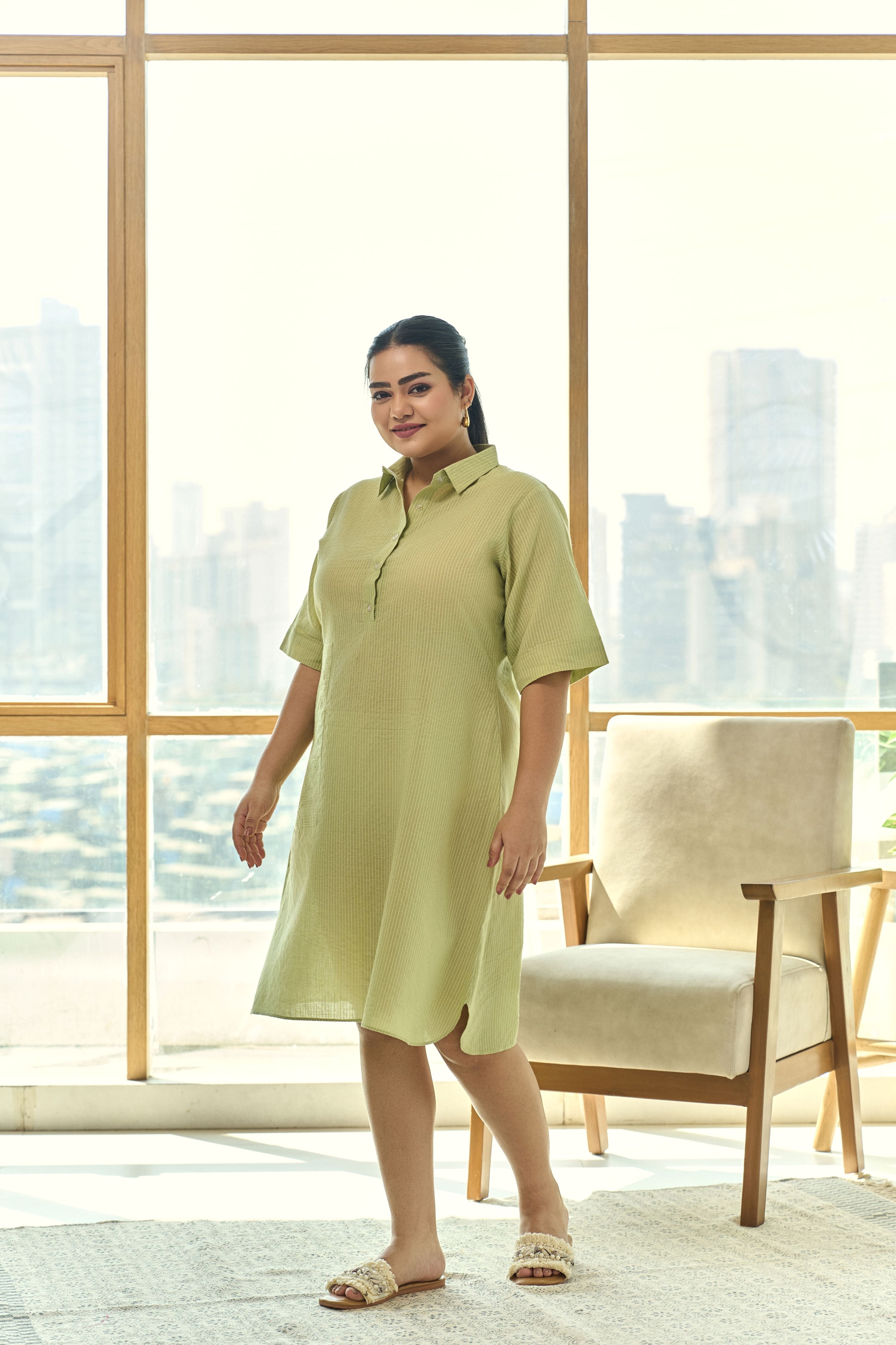 Women's Green Kantha Cambric Cotton Dress With Functional Buttons - Nangalia Ruchira