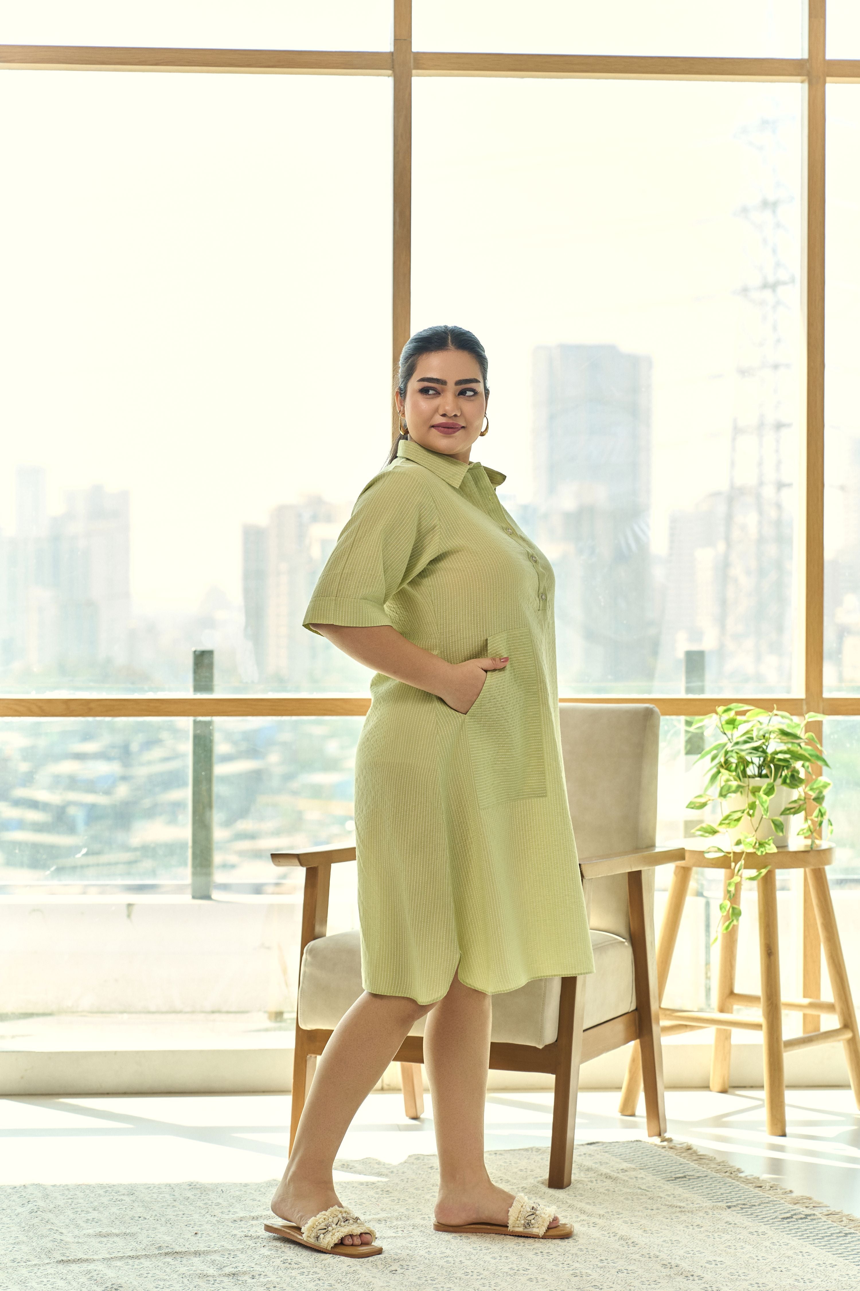 Women's Green Kantha Cambric Cotton Dress With Functional Buttons - Nangalia Ruchira