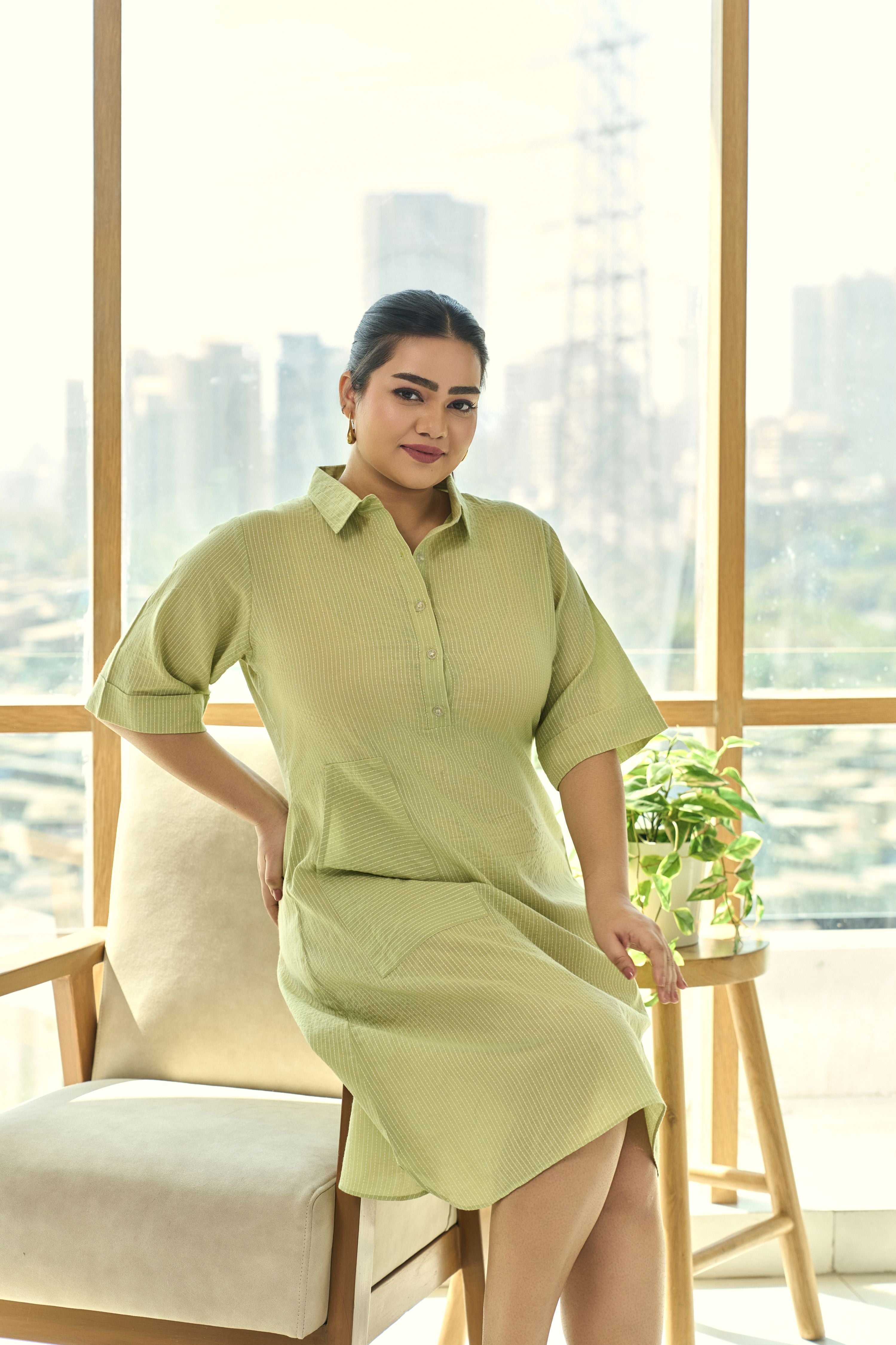 Women's Green Kantha Cambric Cotton Dress With Functional Buttons - Nangalia Ruchira